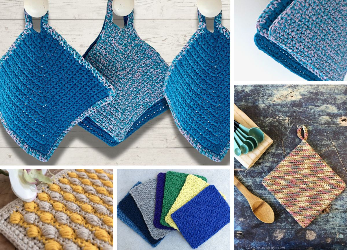 crochet potholders in different colors and textures