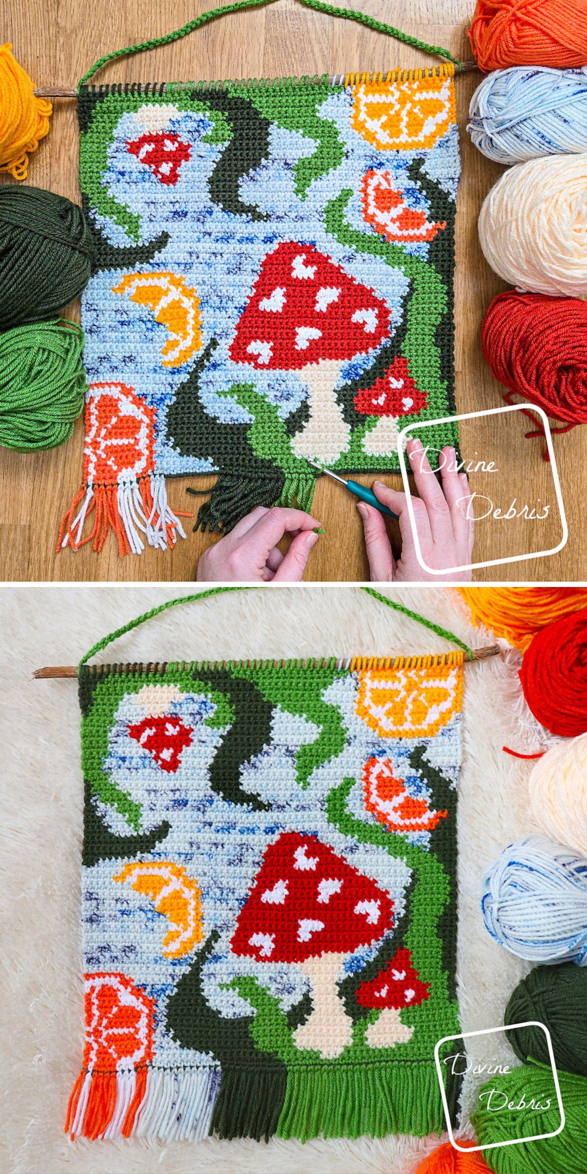 a crochet wall hanging featuring mushrooms and orange slices