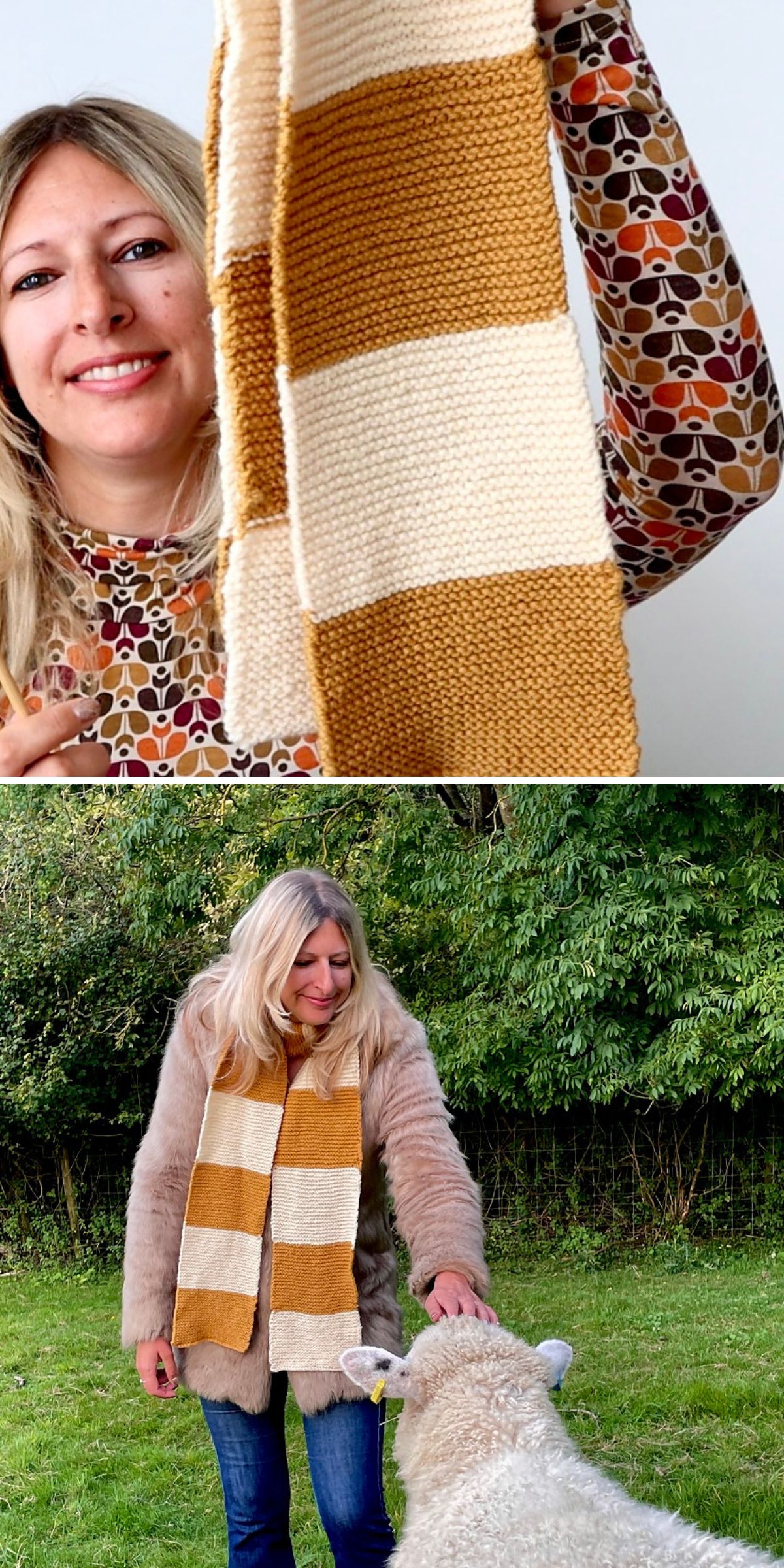 a knitted scarf is built from wide blocks