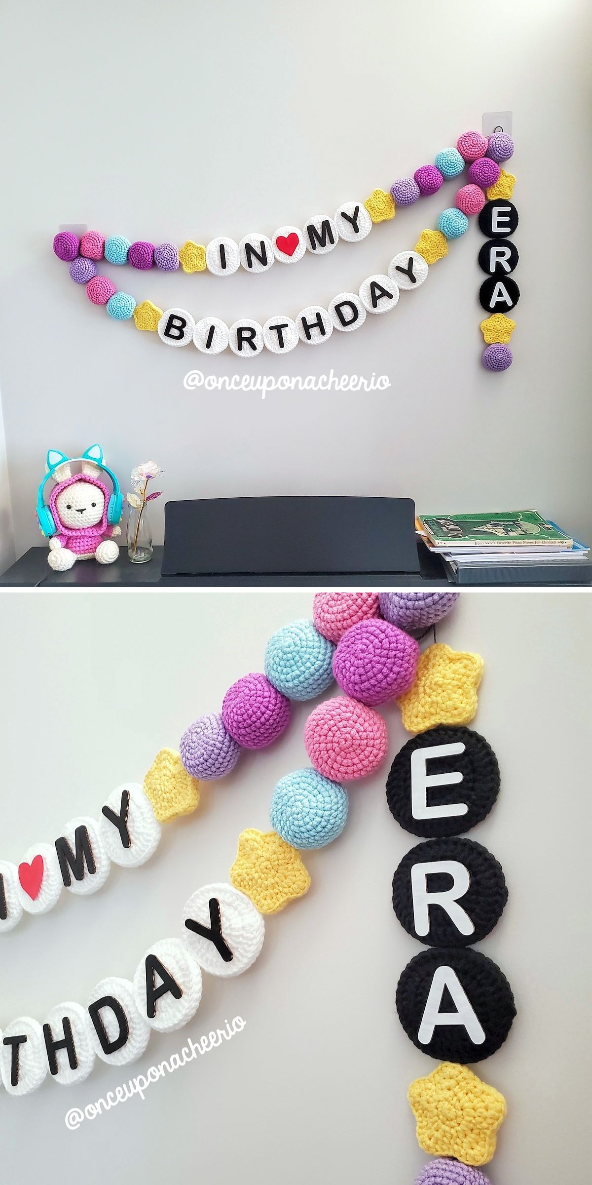 a large crochet wall decoration with an embroidered phrase “In my birthday era”