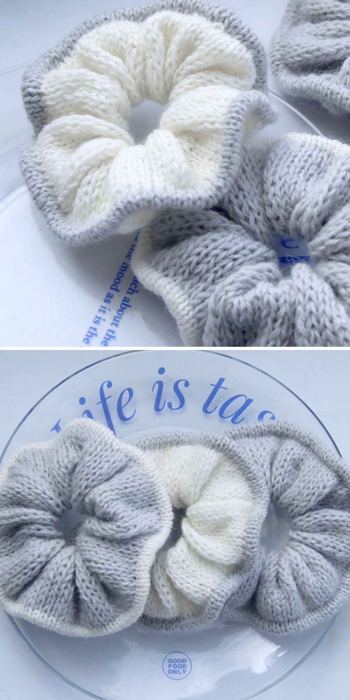 a set of pretty knitted scrunchies in light colors