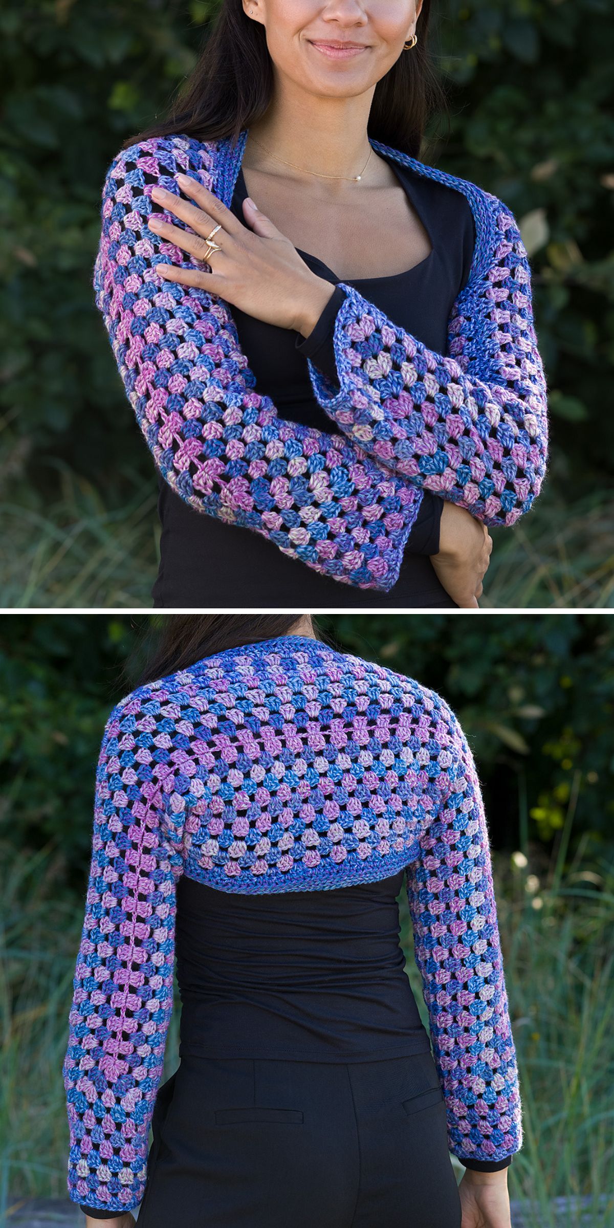 a crochet shrug worked with granny stitches