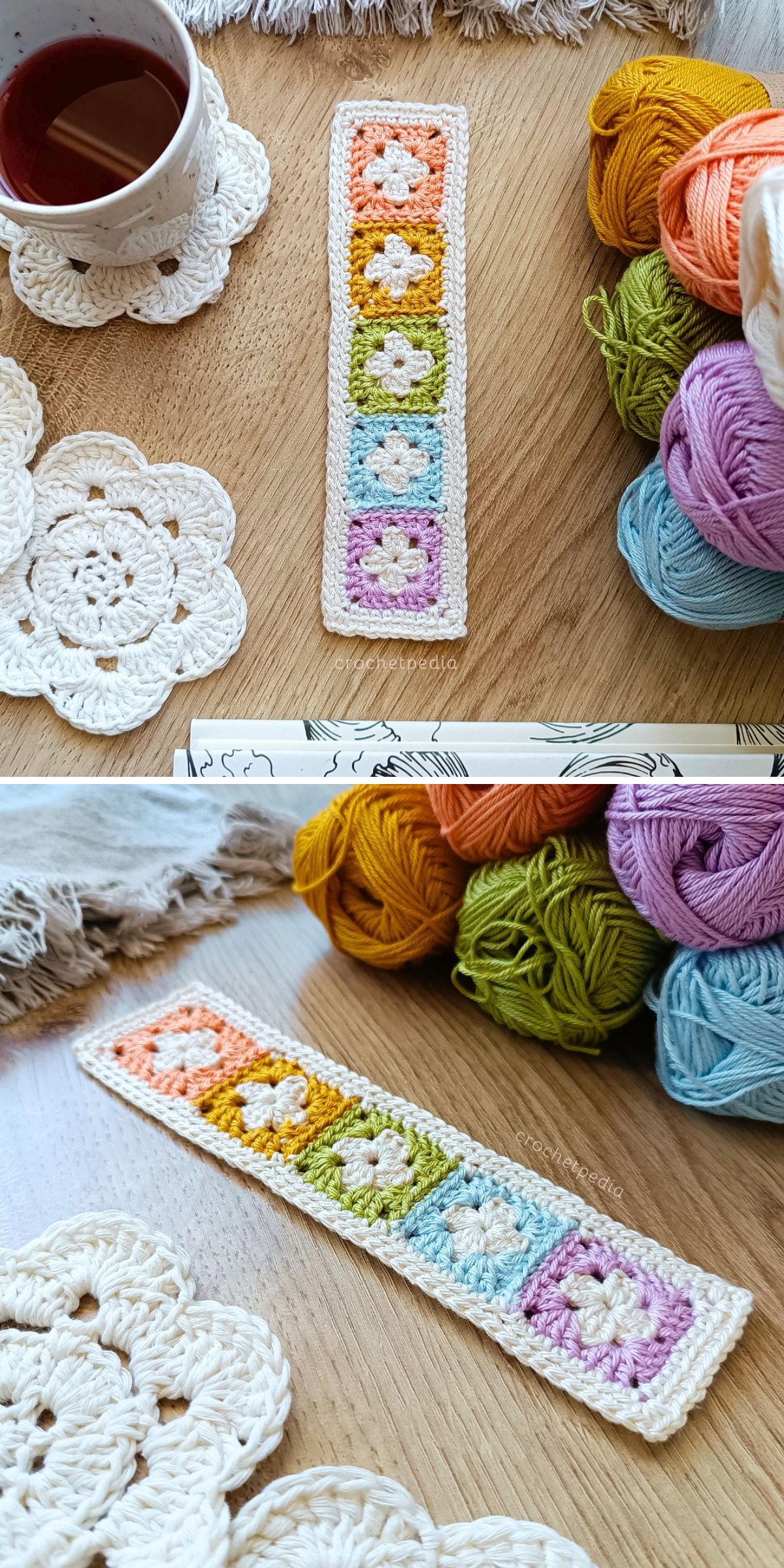 a rectangular crochet bookmark made of small granny squares