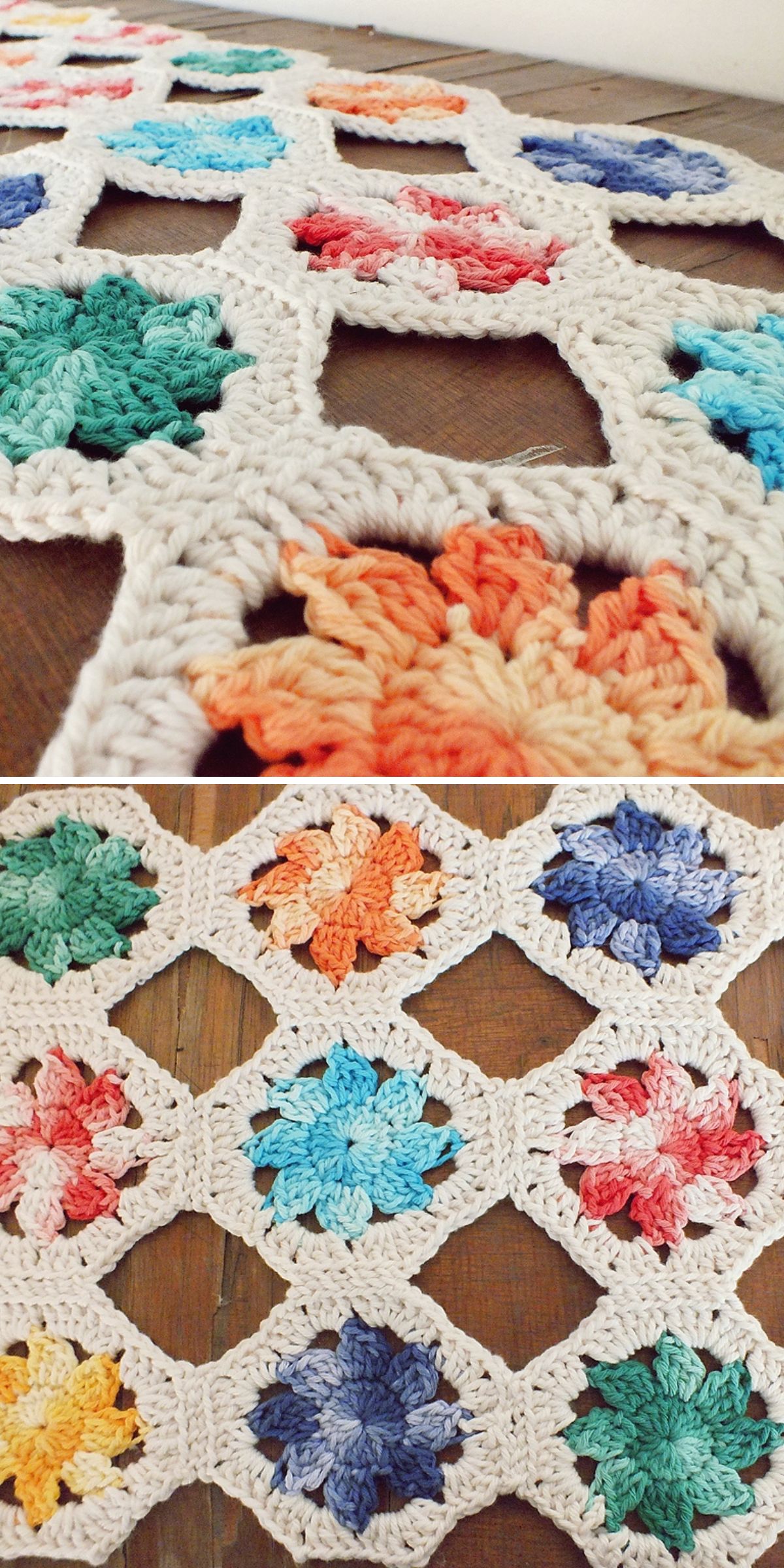 a stunning crochet table runner made of lace squares with colorful flower motifs inside