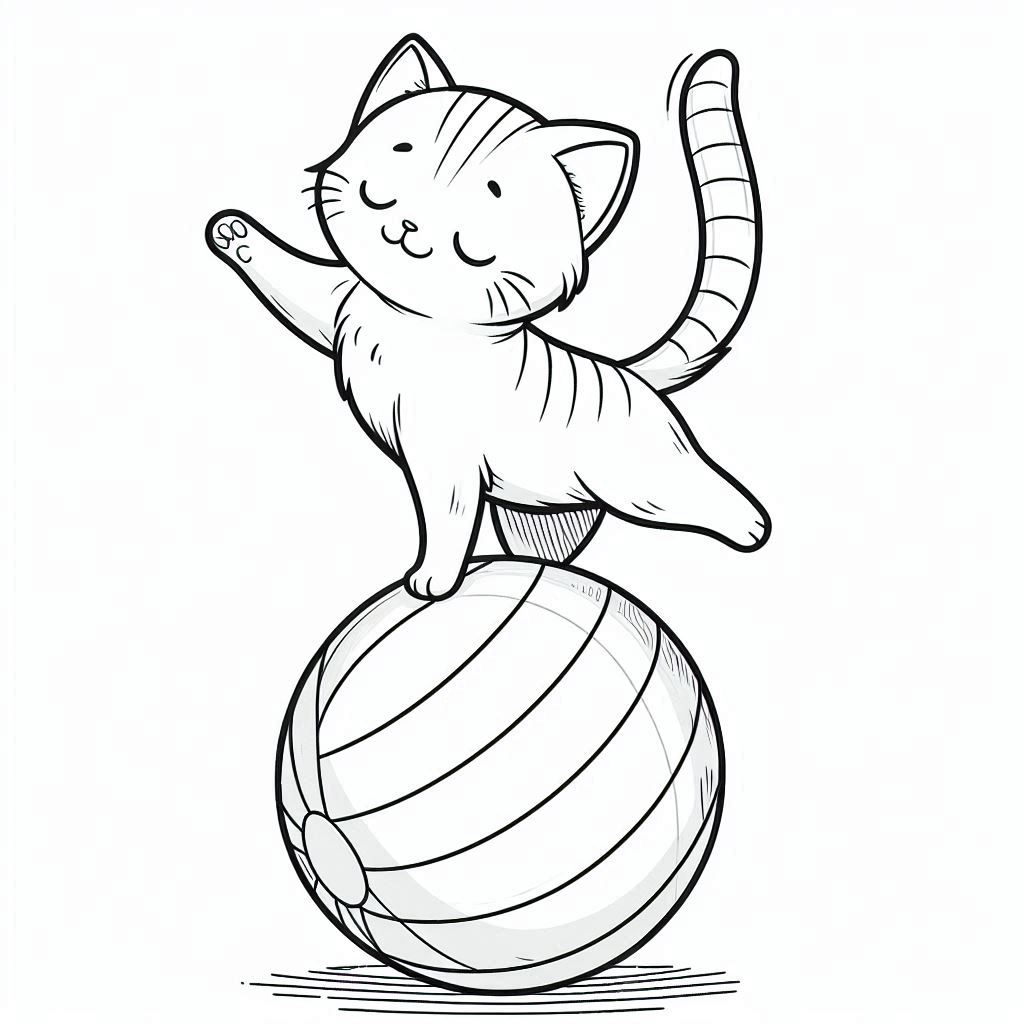 Talented cartoon kitten balancing on a striped circus ball — fun and energetic cat coloring page for kids.