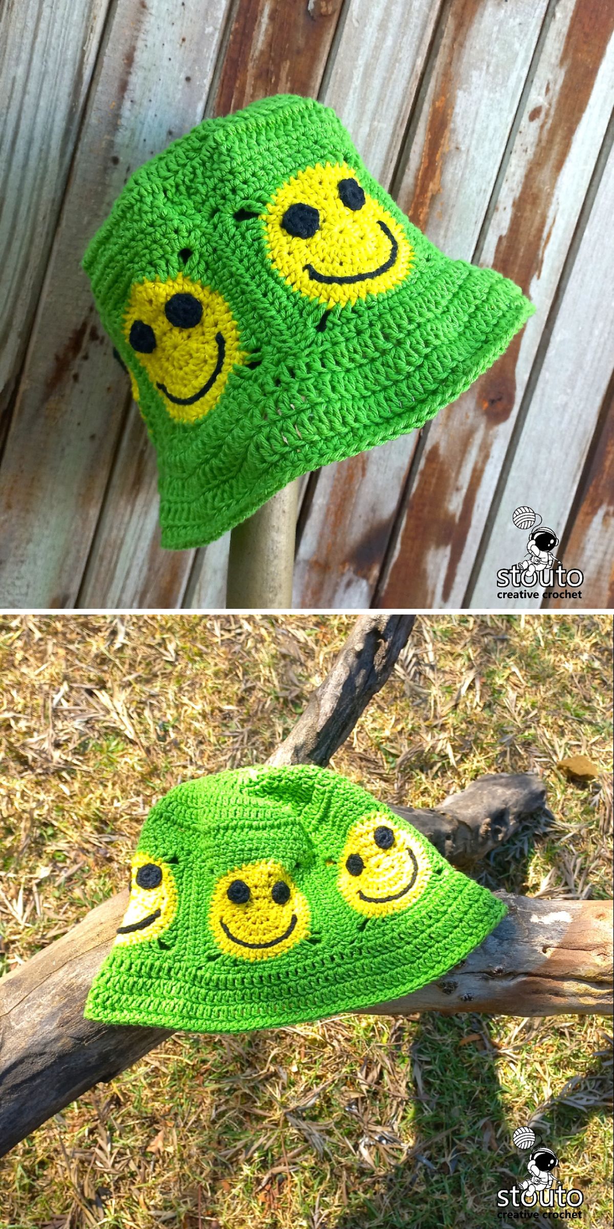 a green granny square crochet bucket hat with yellow simley faces