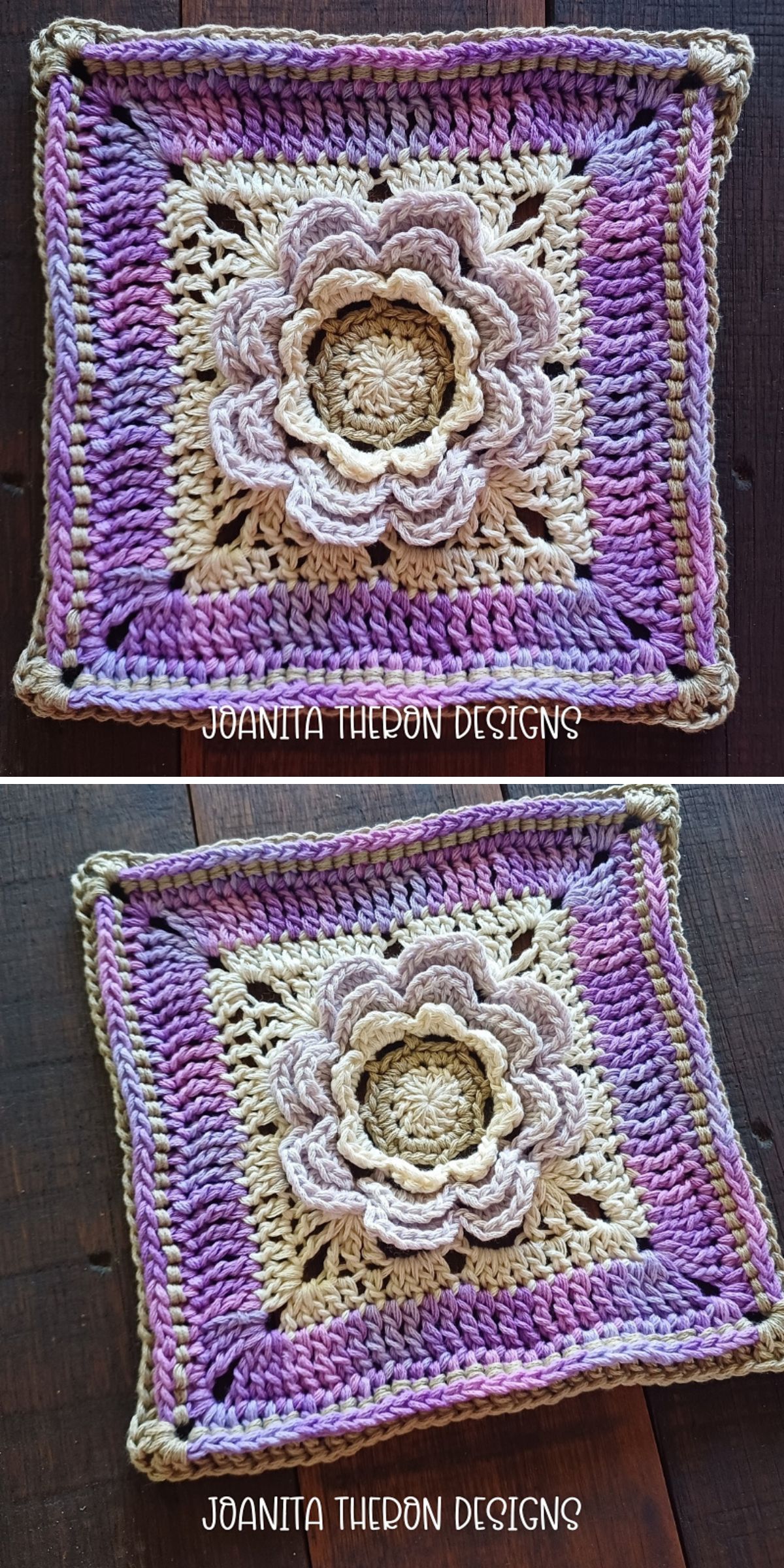 a large purple crochet square with a textured flower center motif