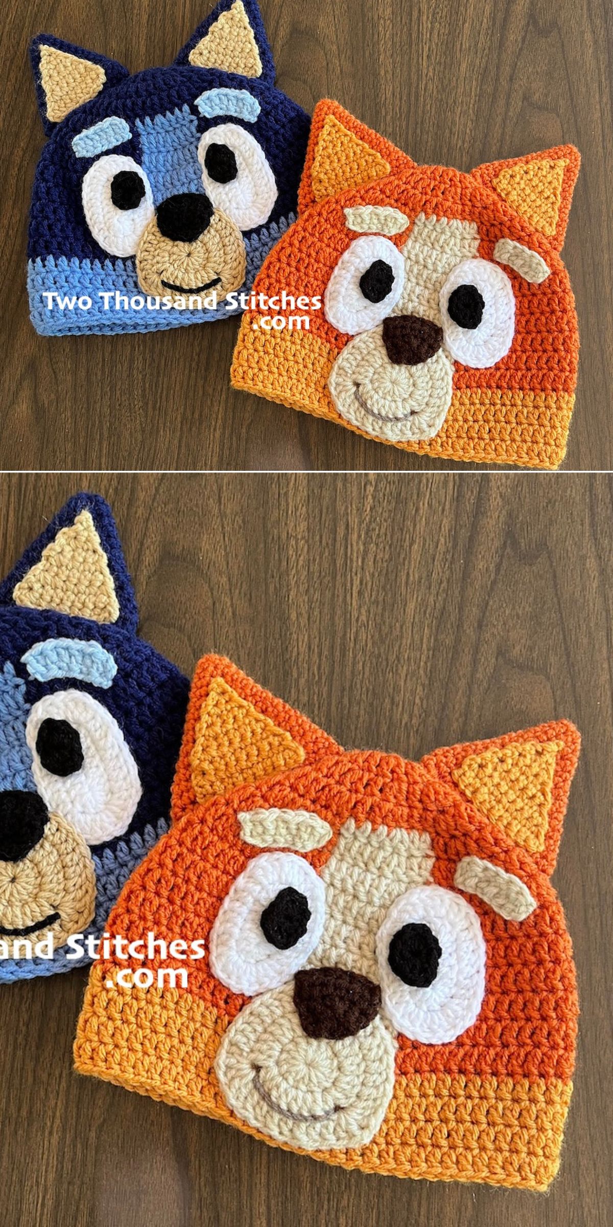 two dog-shaped crochet beanies