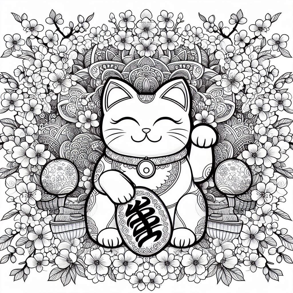 Detailed coloring page of a Japanese lucky cat (Maneki Neko) surrounded by cherry blossoms and intricate floral patterns.