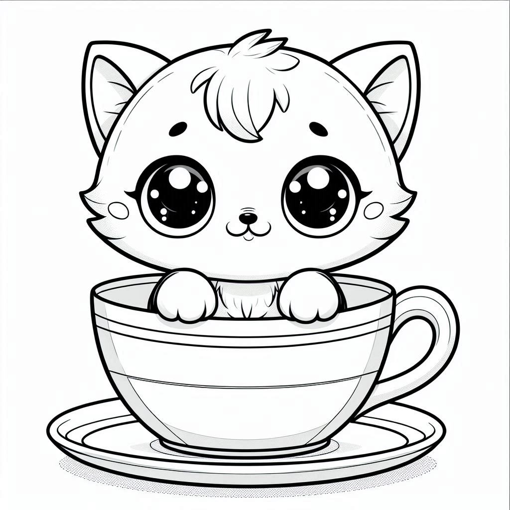 Adorable kitten sitting inside a teacup with big sparkling eyes — cute and easy coloring page for preschoolers.