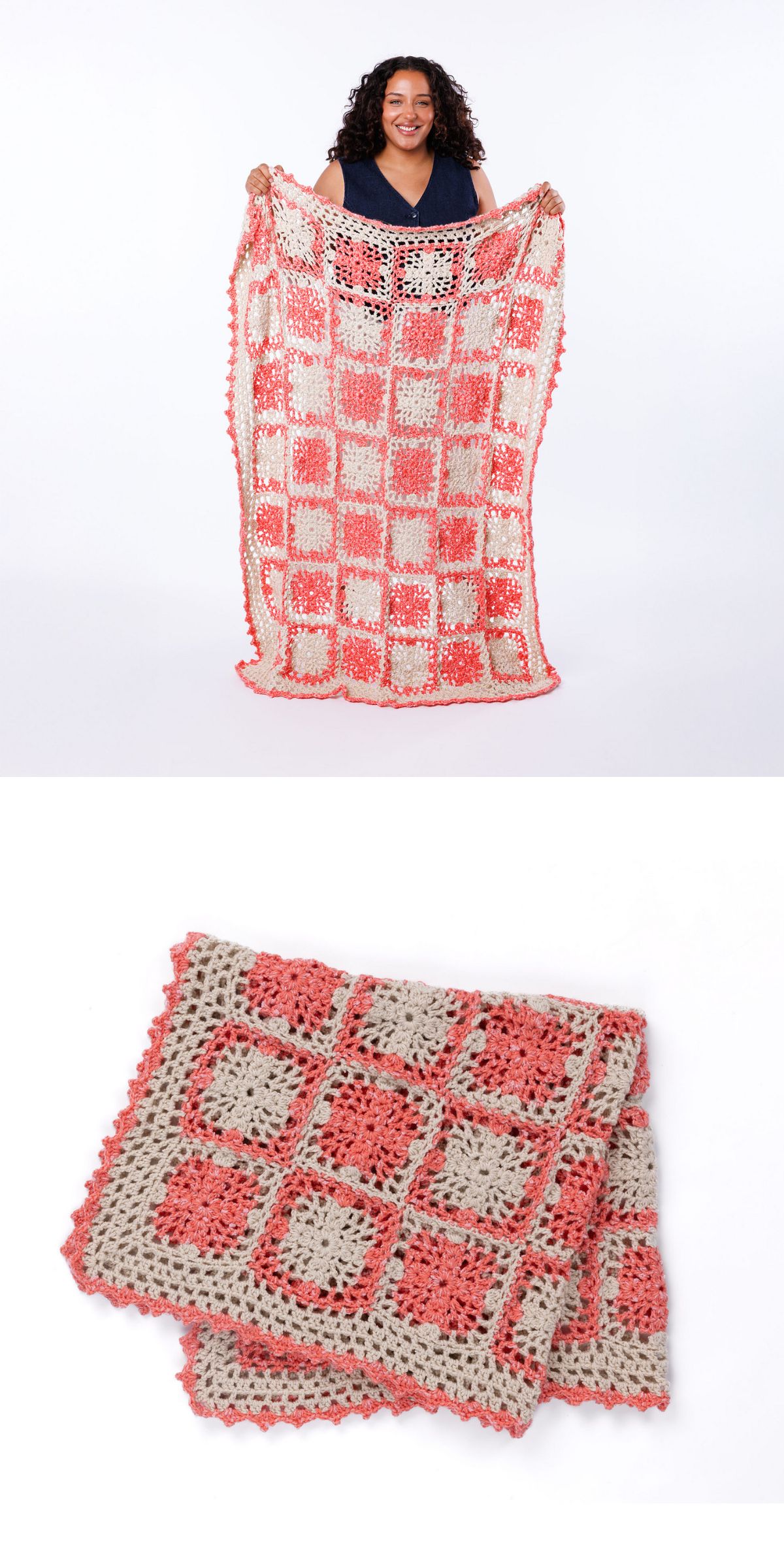 a crochet blanket made up of mesh granny squares in pink and beige