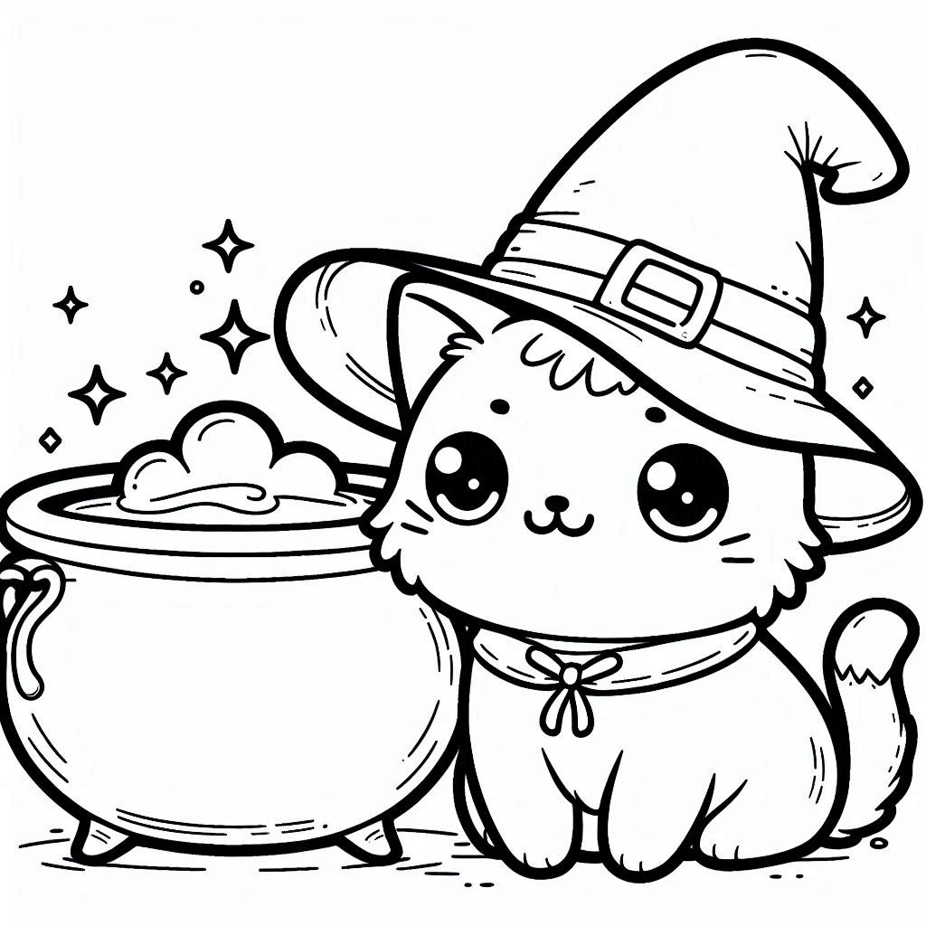 Cute witch cat wearing a pointed hat next to a bubbling cauldron — Halloween-inspired cat coloring page for kids.
