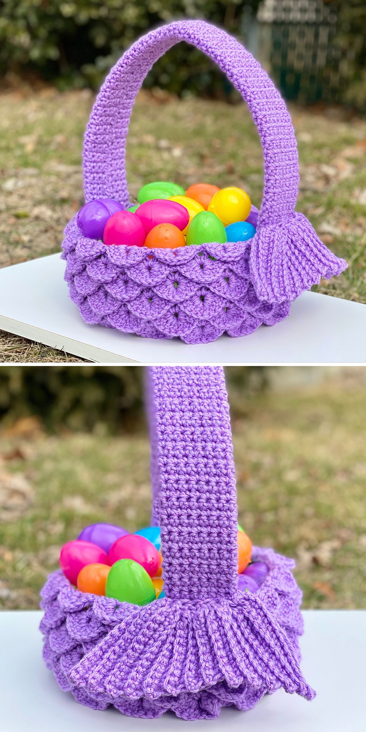 a handmade Easter basket with the crocodile stitch bottom in a violet color