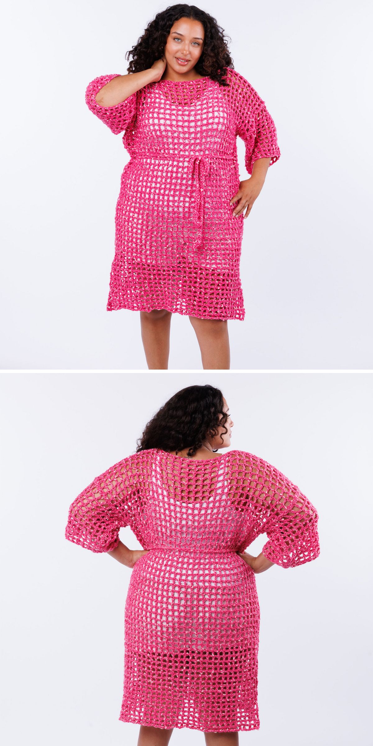 a long crochet mesh cover up in a vibrant pink color