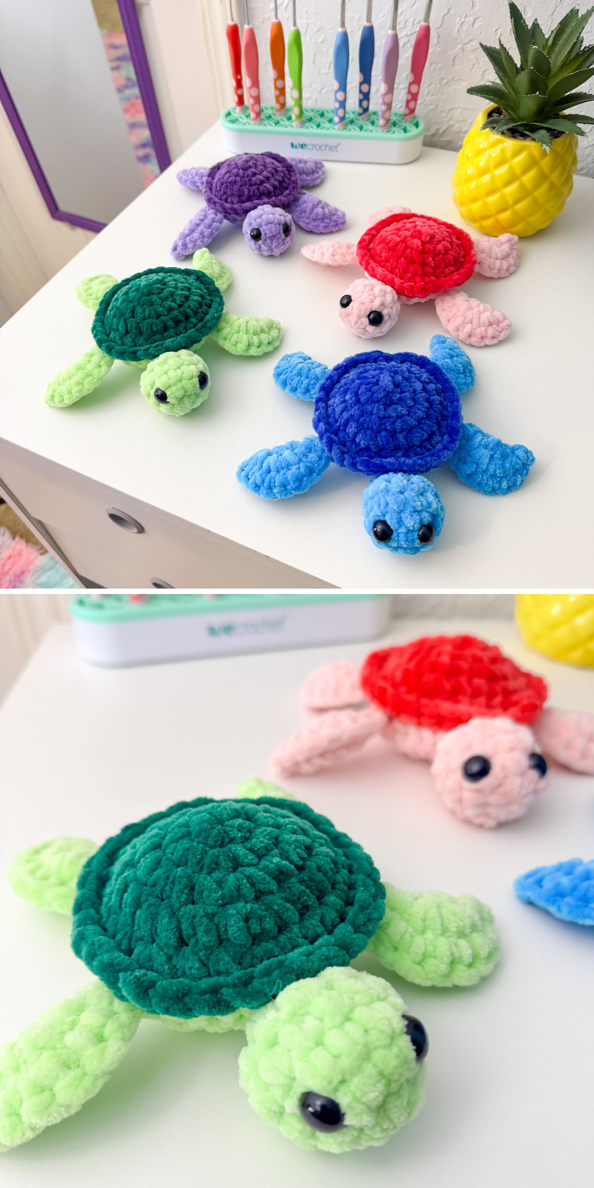soft toy crocheted turtles in different colors