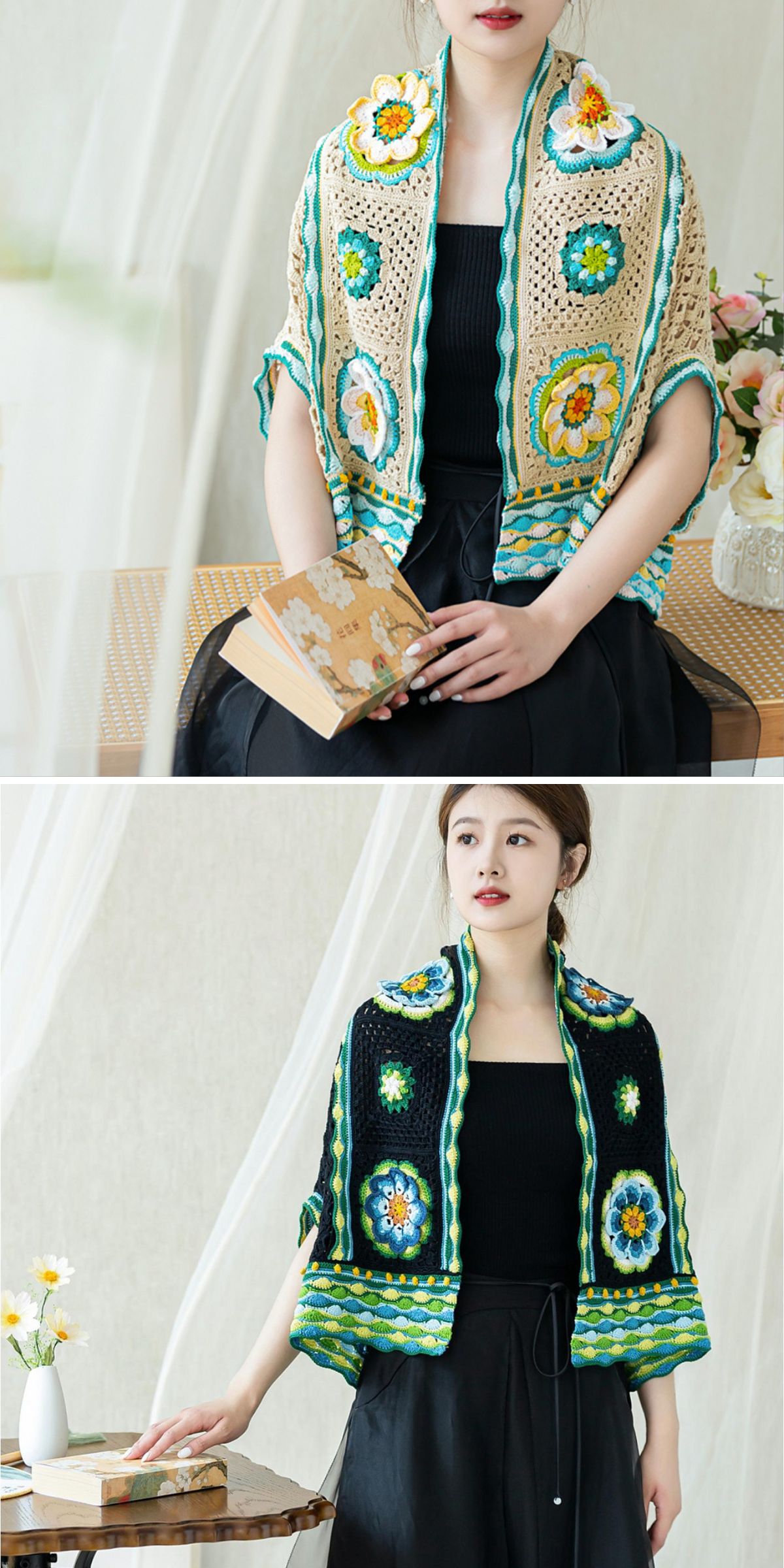a crocheted bolero made of granny squares with intricate 3D flowers