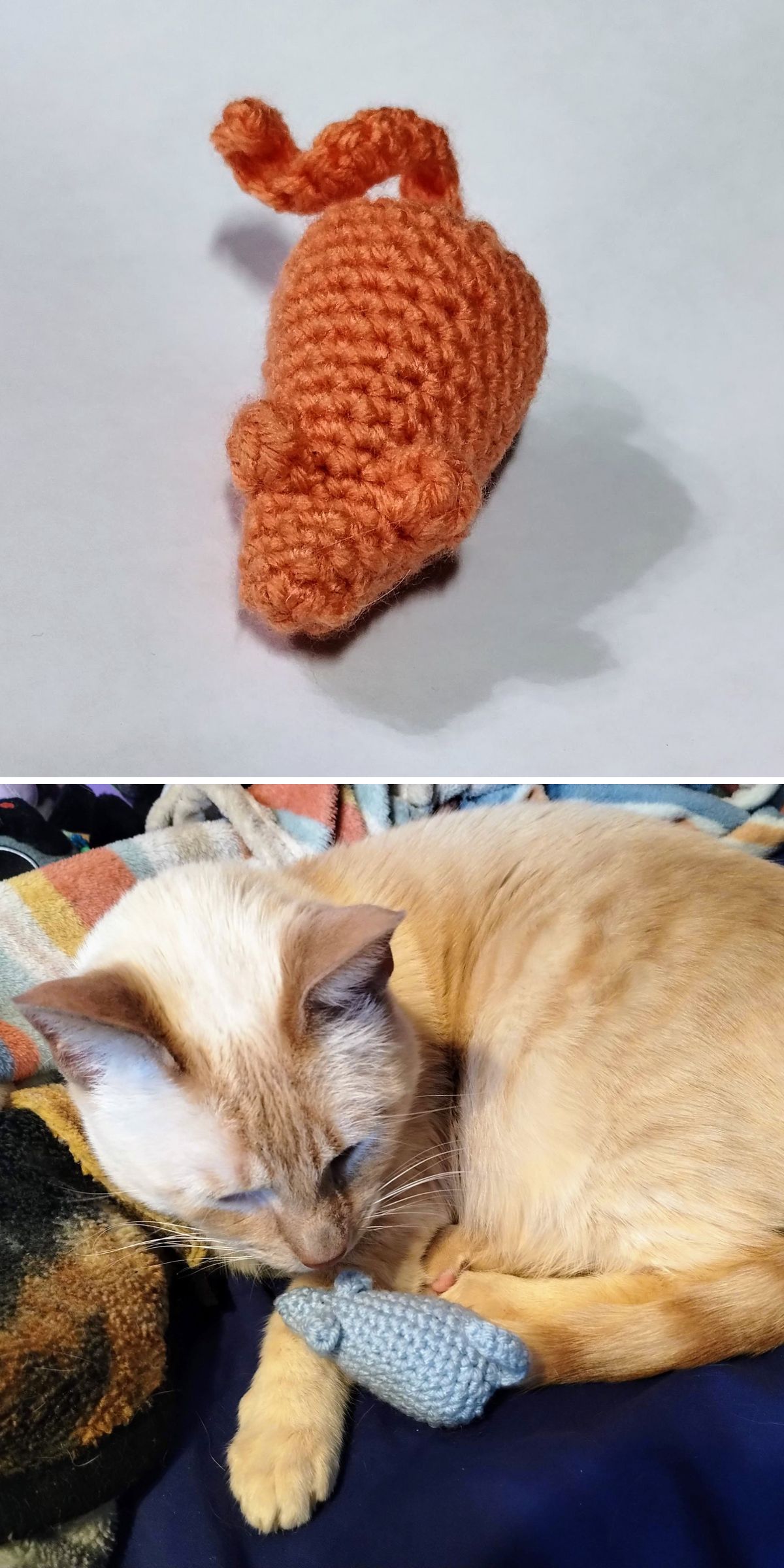 a tiny crochet mouse made as a cat toy