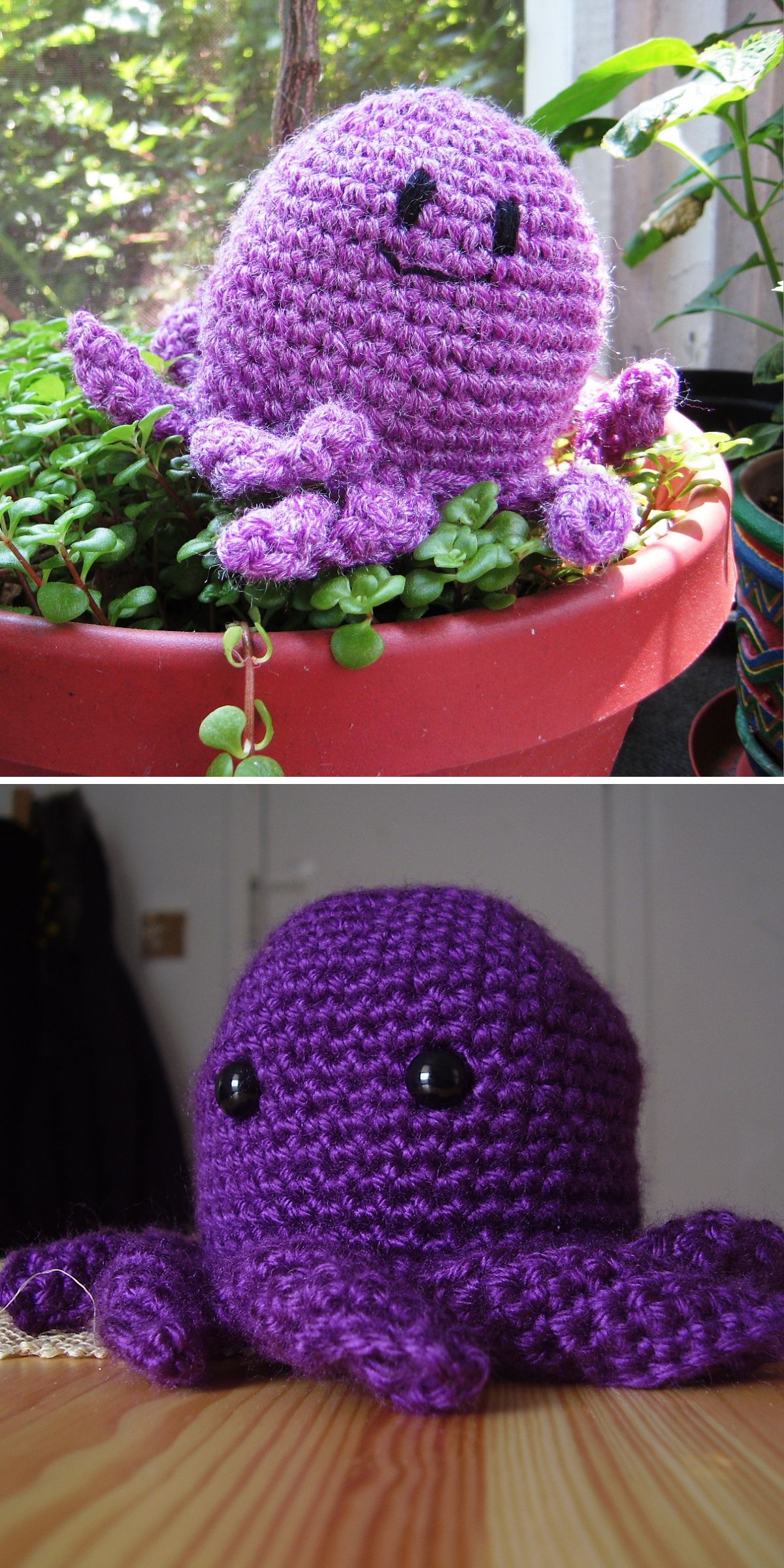 a round plump handmade octopus amigurumi in a purple color