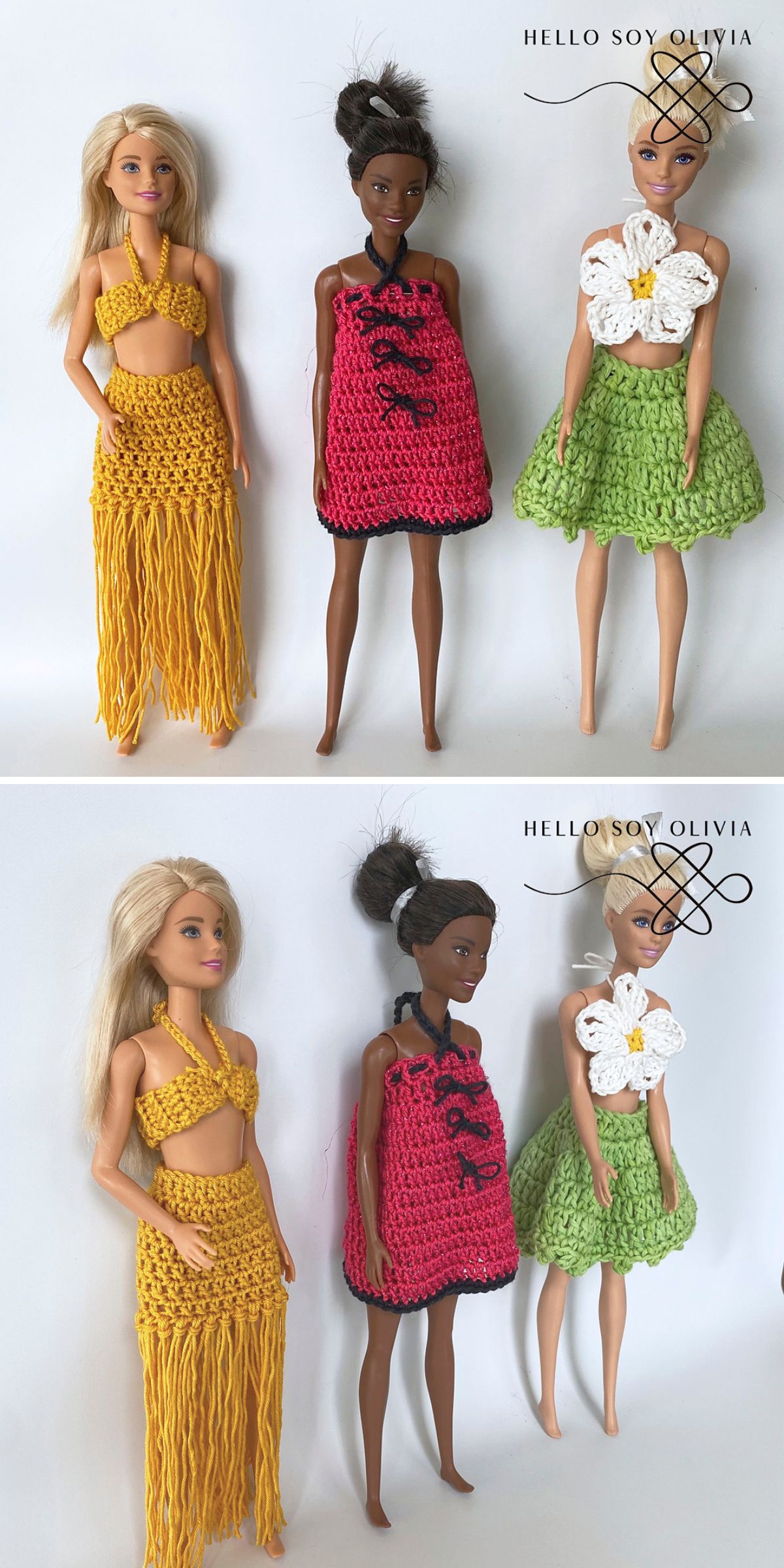 Barbie dolls wearing crochet doll clothes in different styles and colors