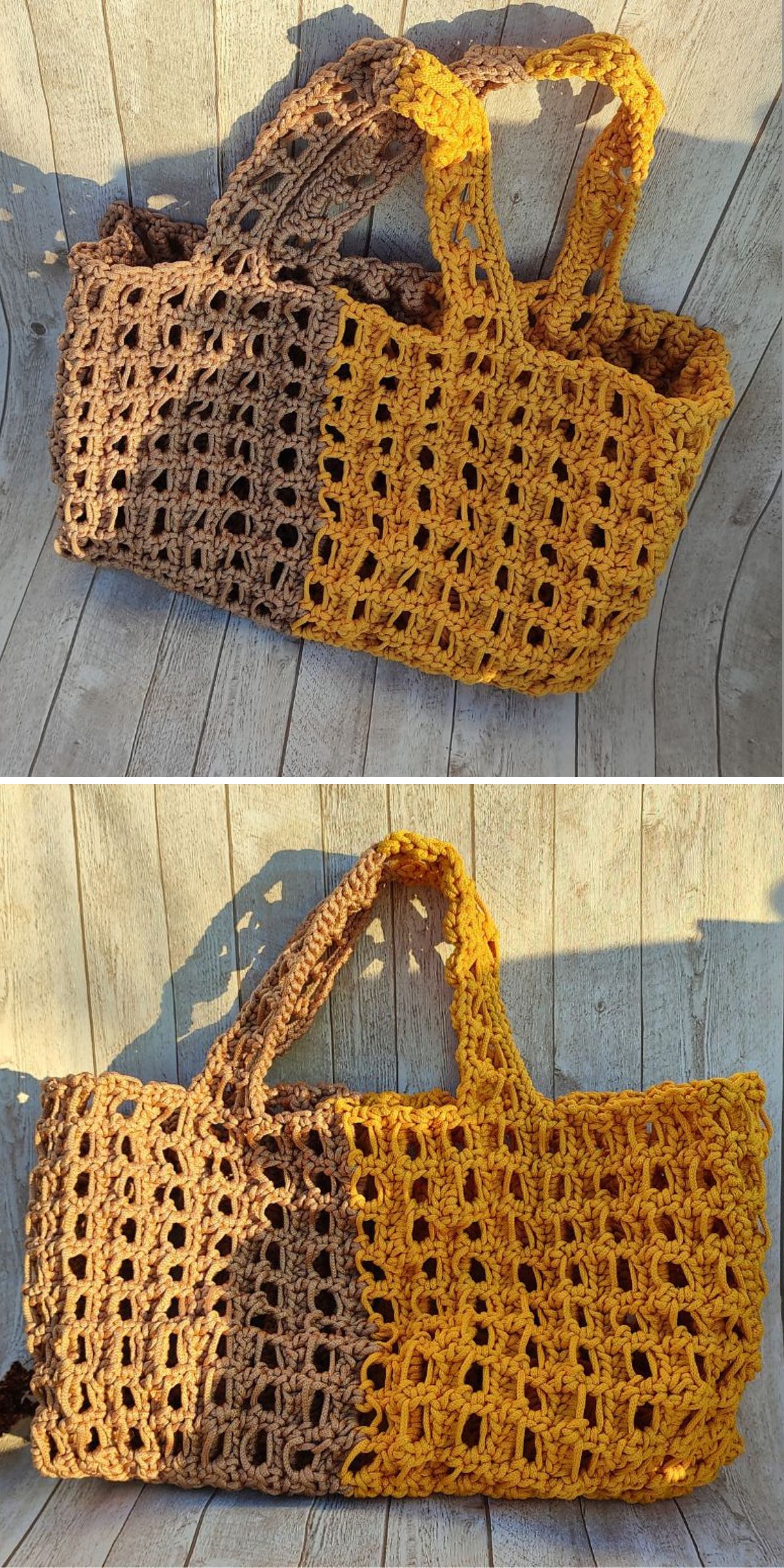 a crochet tote bag made half in yellow and half in natural brown