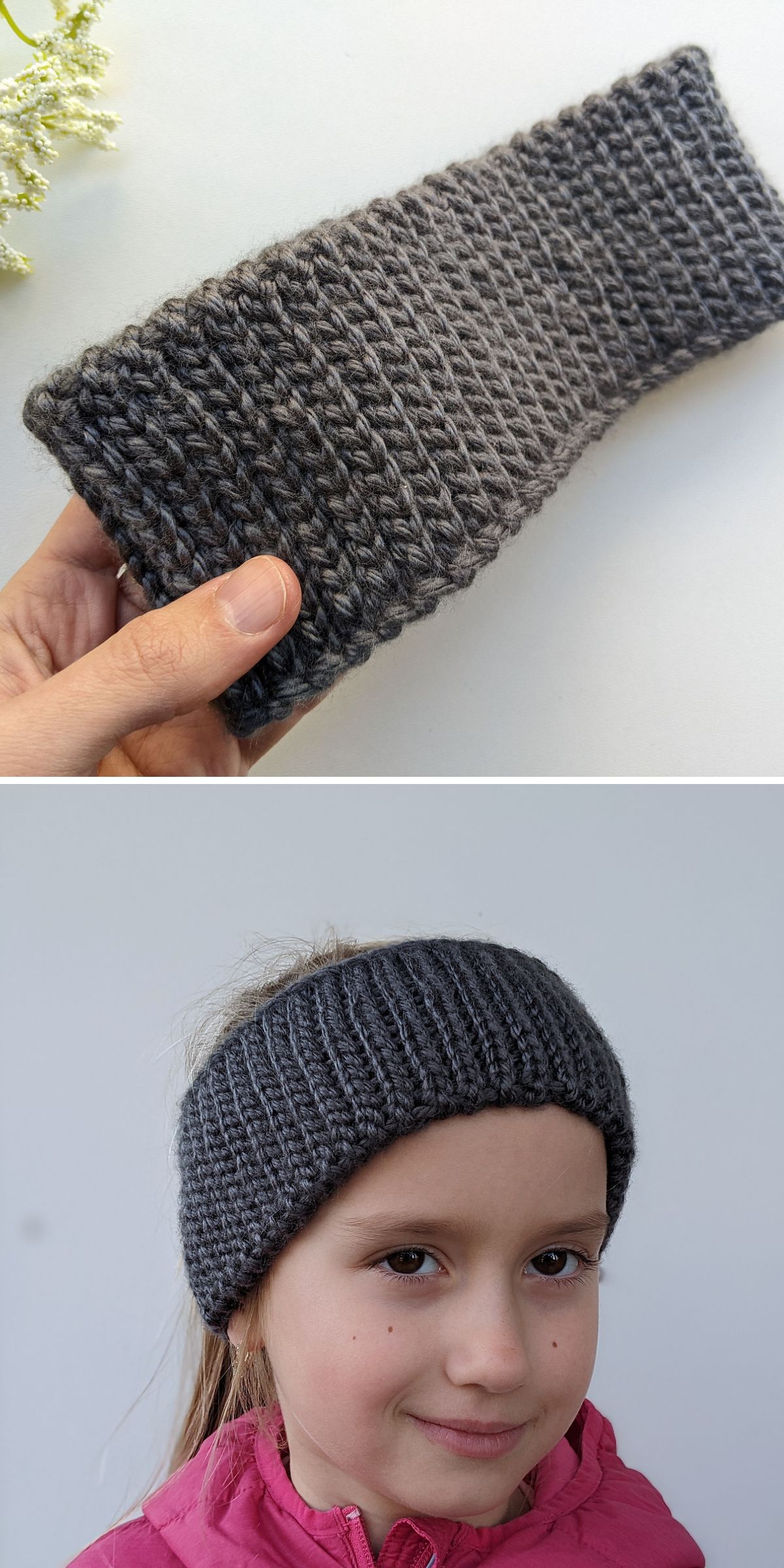 a simple crocheted headband in dark grey