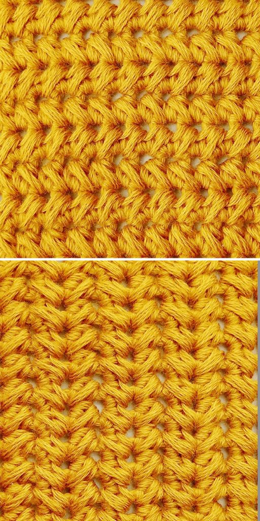 a crochet fabric made with half double crochet stitches in a vibrant yellow color