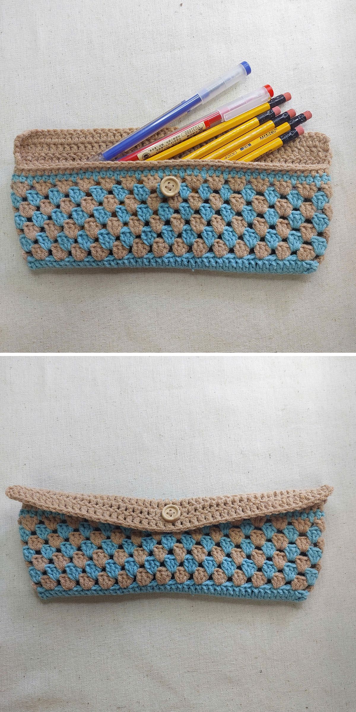 a crochet pencil case worked with granny stitches in beige and blue