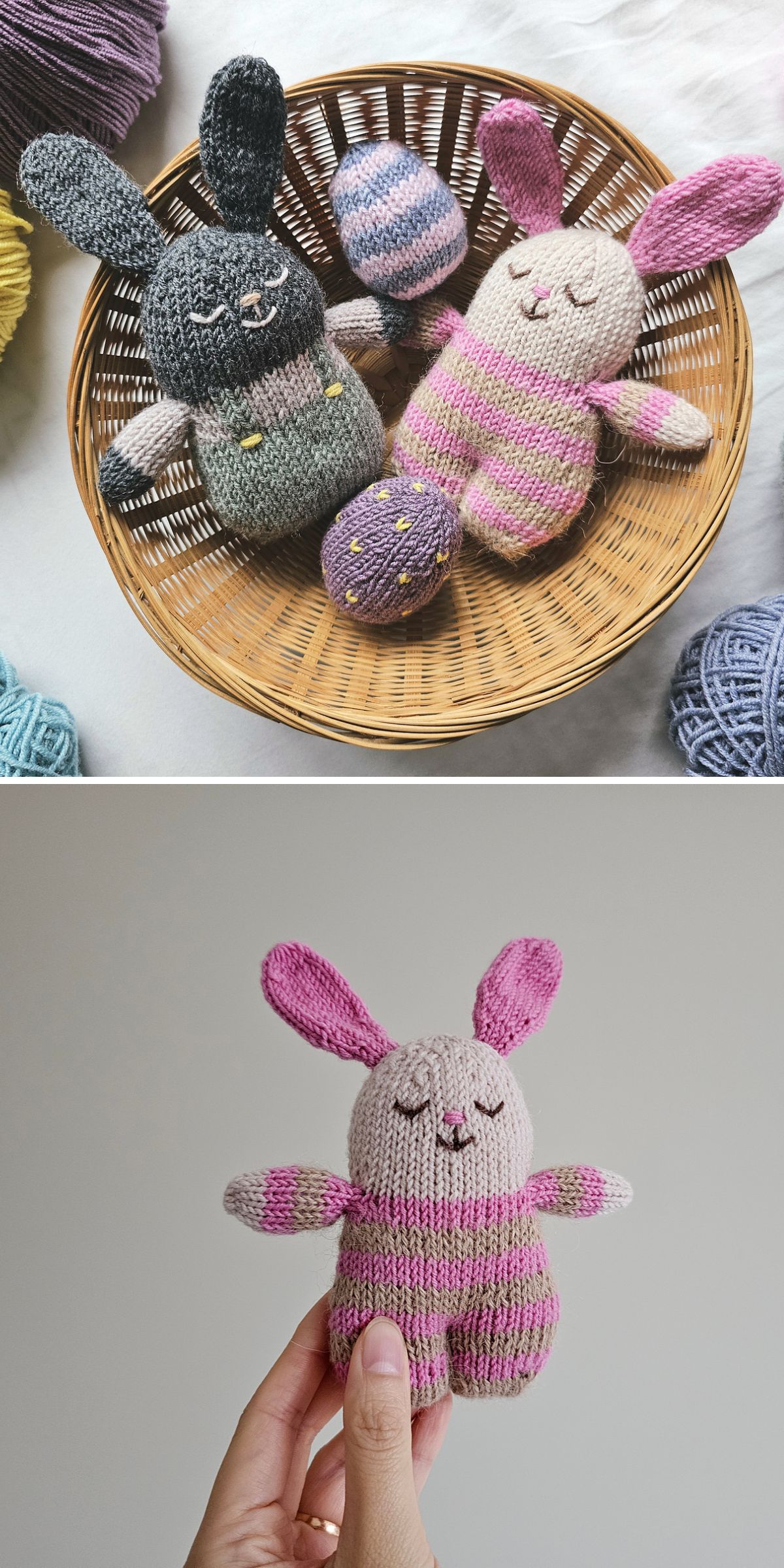 two sweet knitted bunny softies with smiley sleeping faces