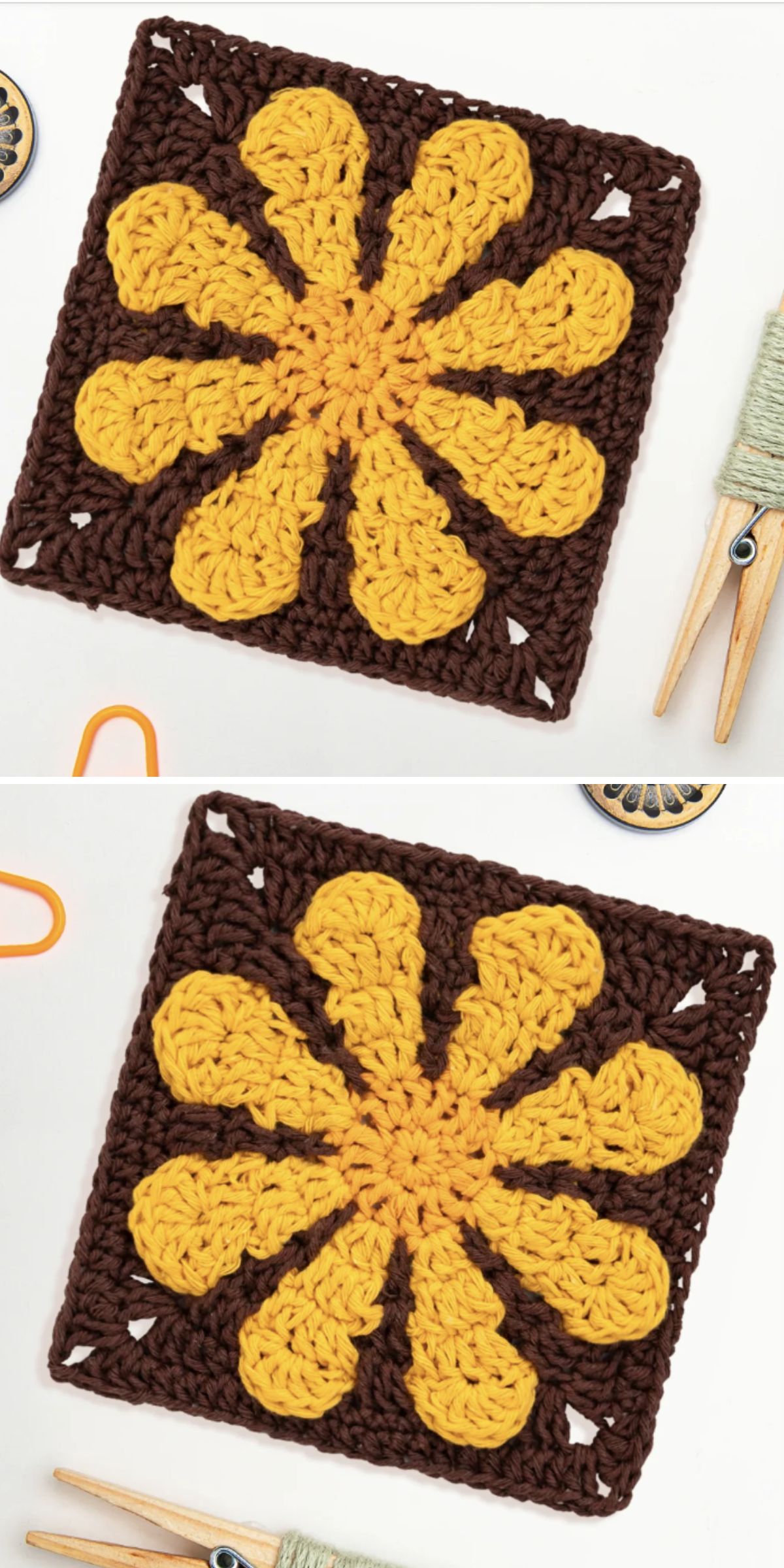 a crochet square with a brown background and a bright yellow daisy