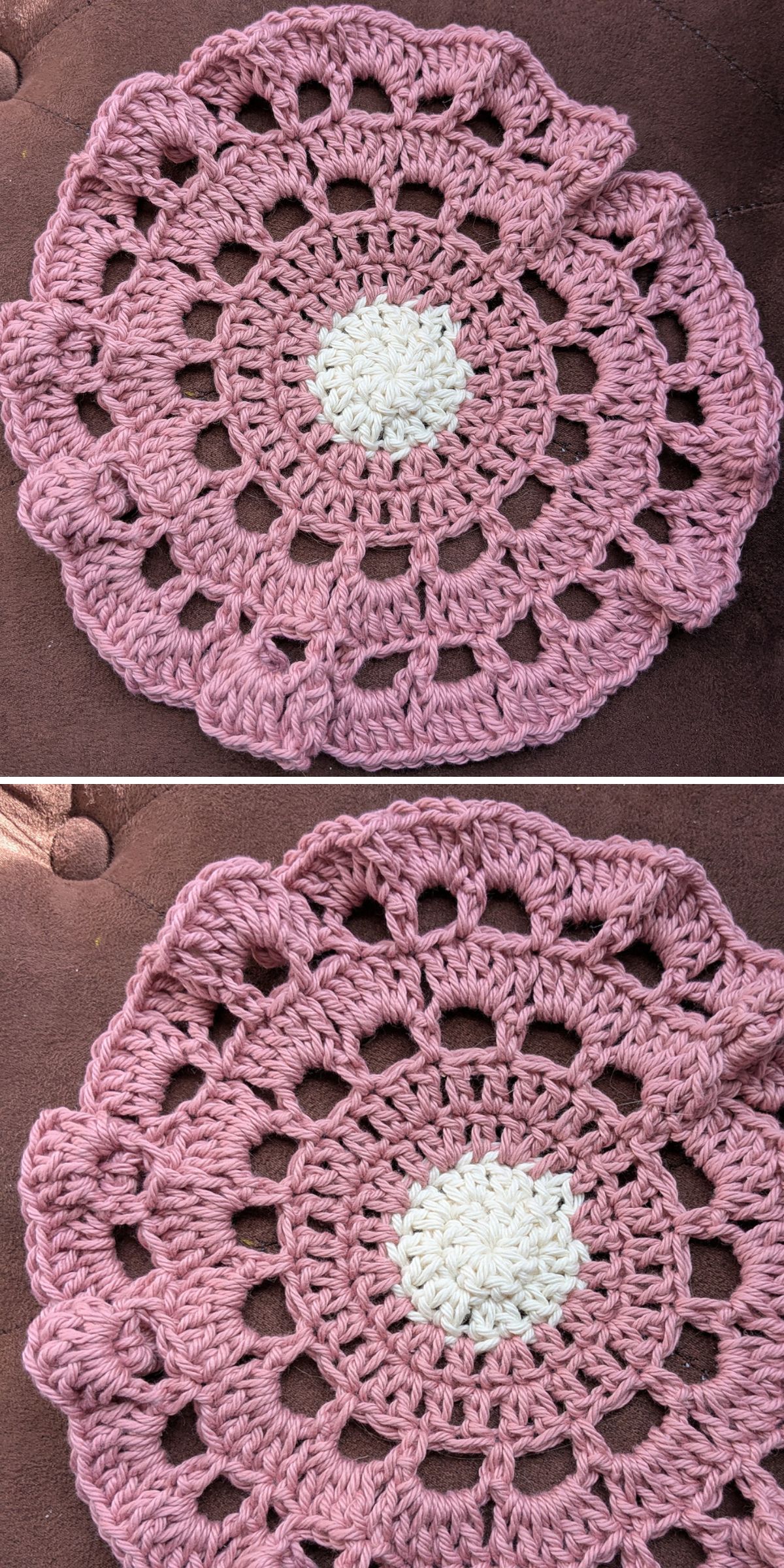 a pink lace crochet potholder