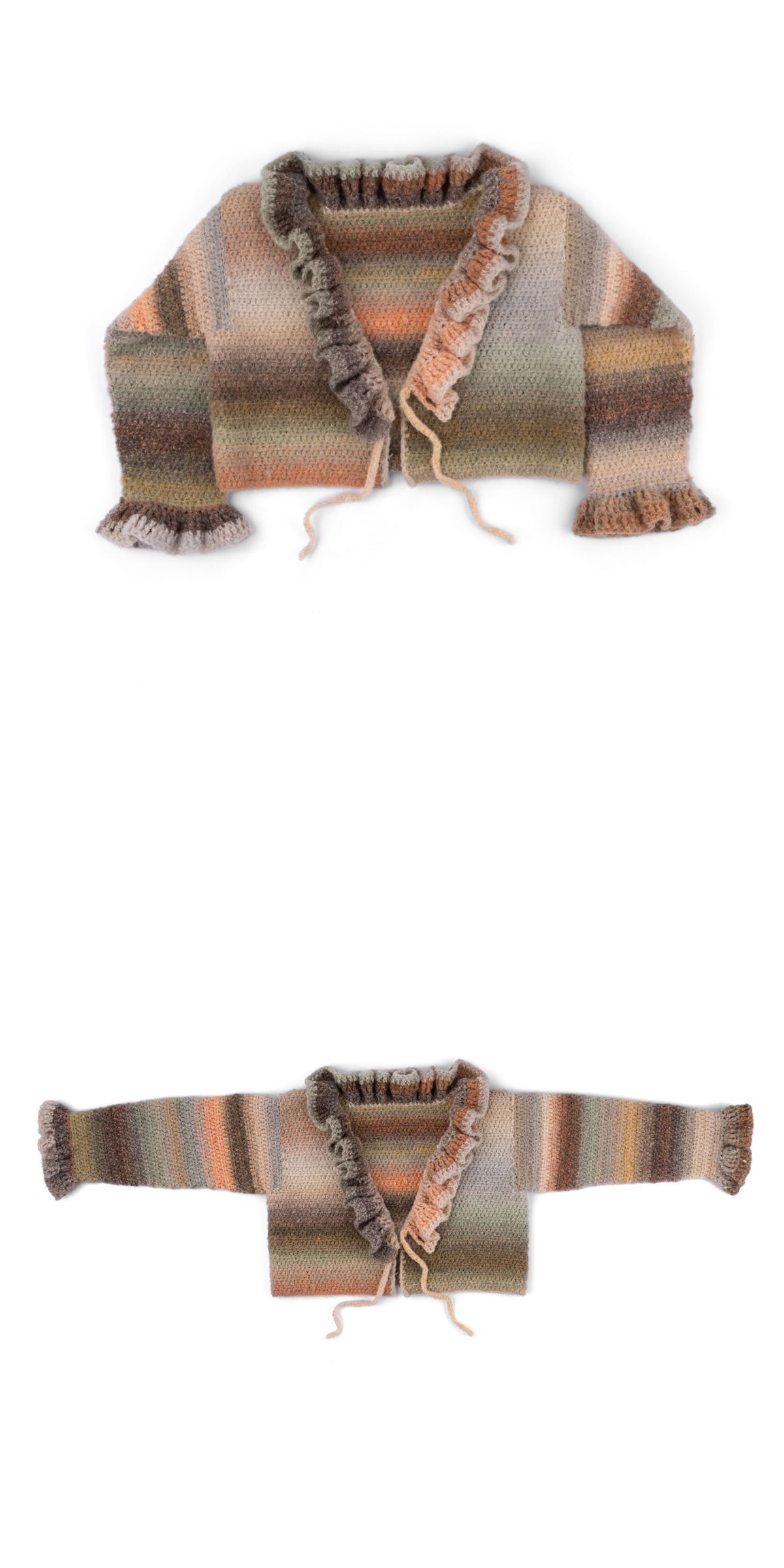 a crochet kid’s cardigan featuring a ruffled collar and ombre colorway