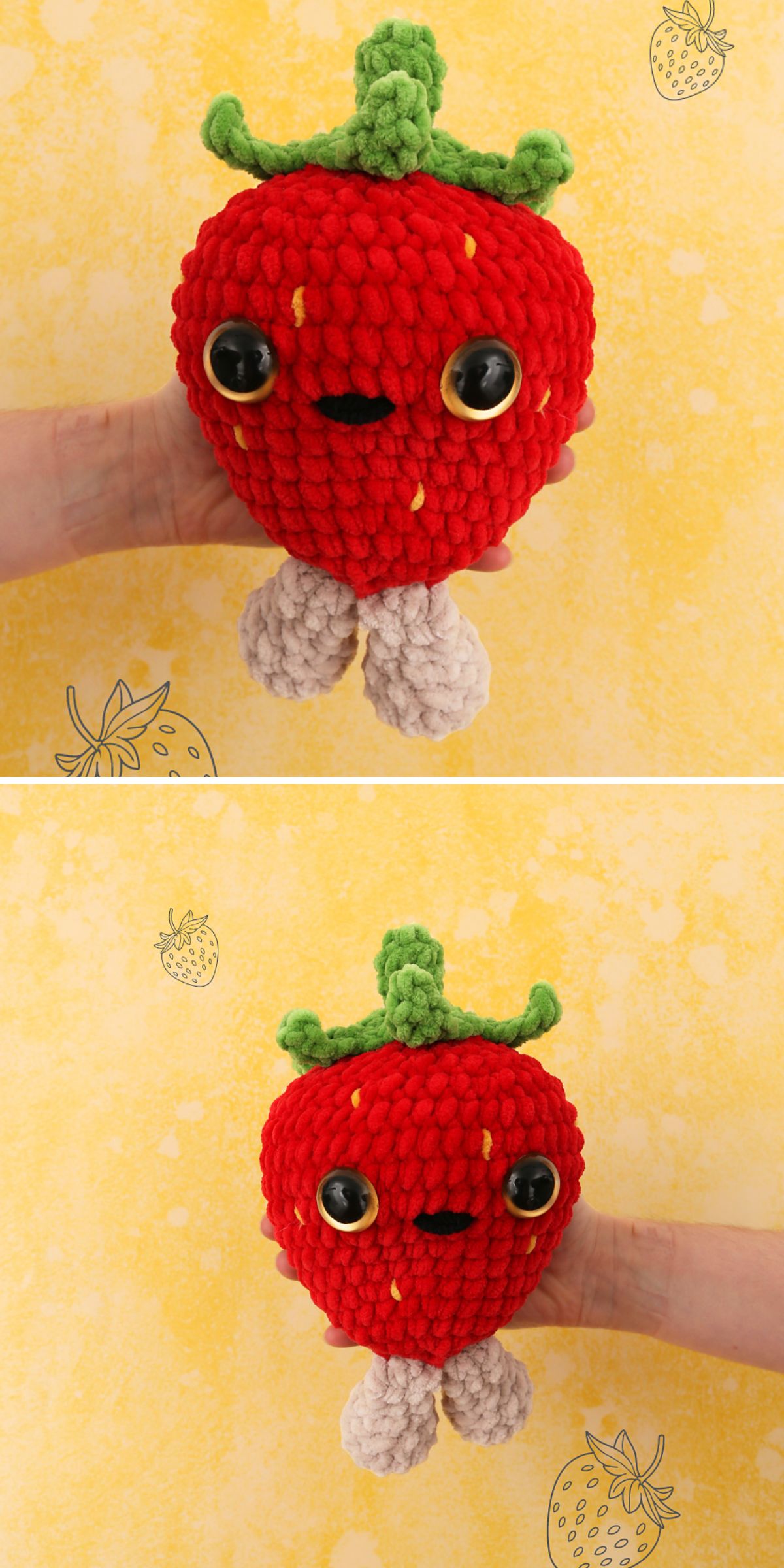 a large crochet strawberry soft toy