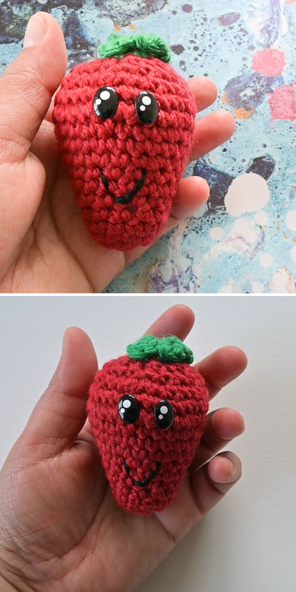 a red crochet strawberry with a face 