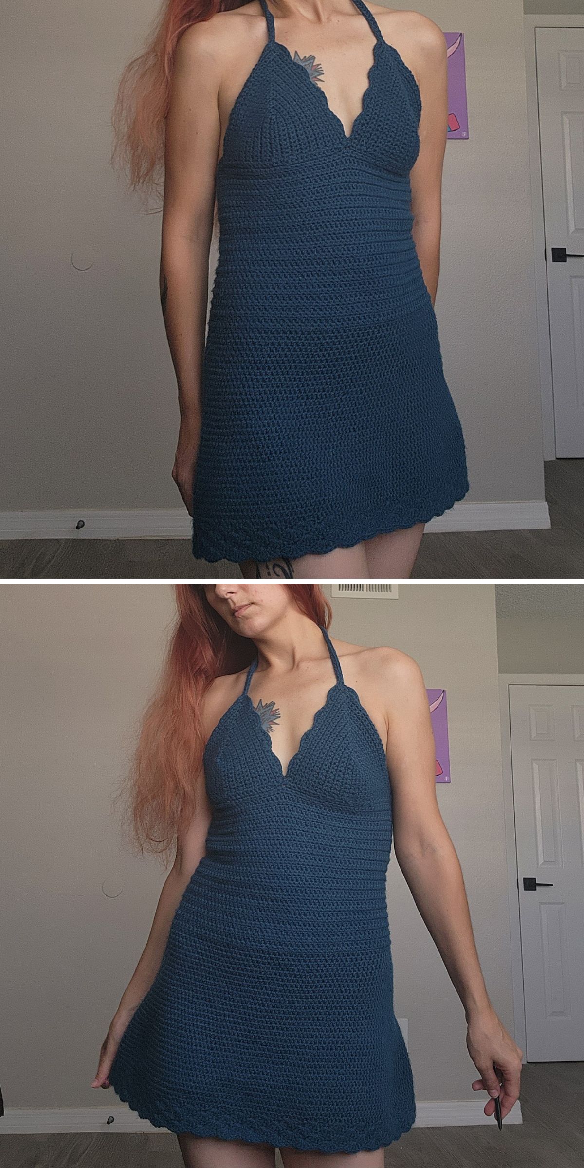 a mini crochet dress with a halter neck and scallop-edged cups