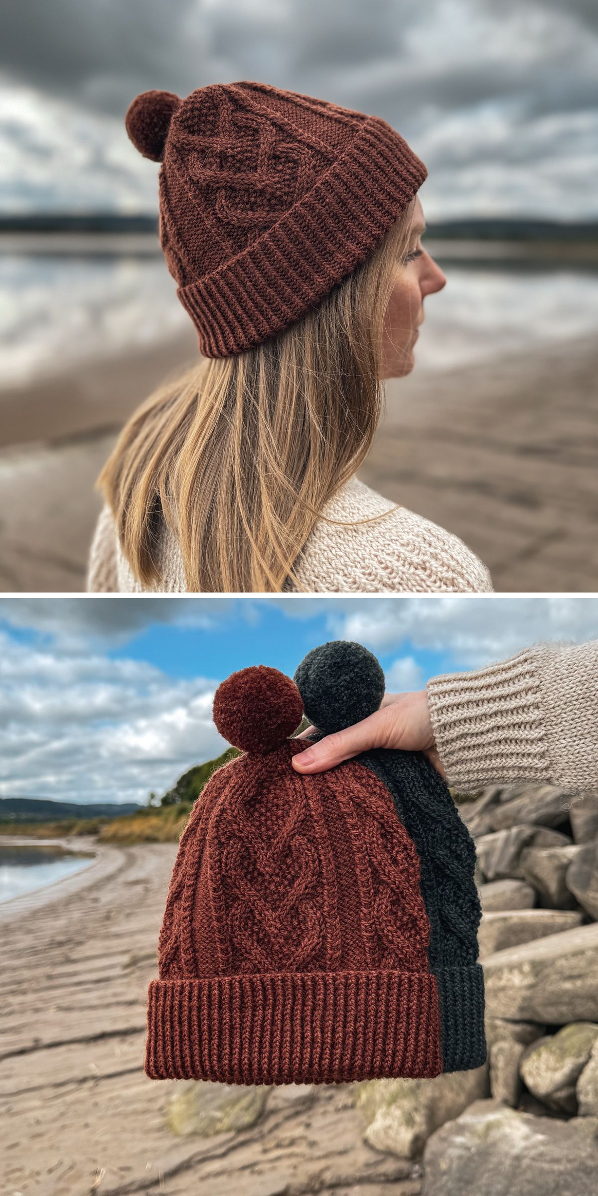 a stylish knitted beanie with a cabled design, fluffy pom pom and wide ribbed brim