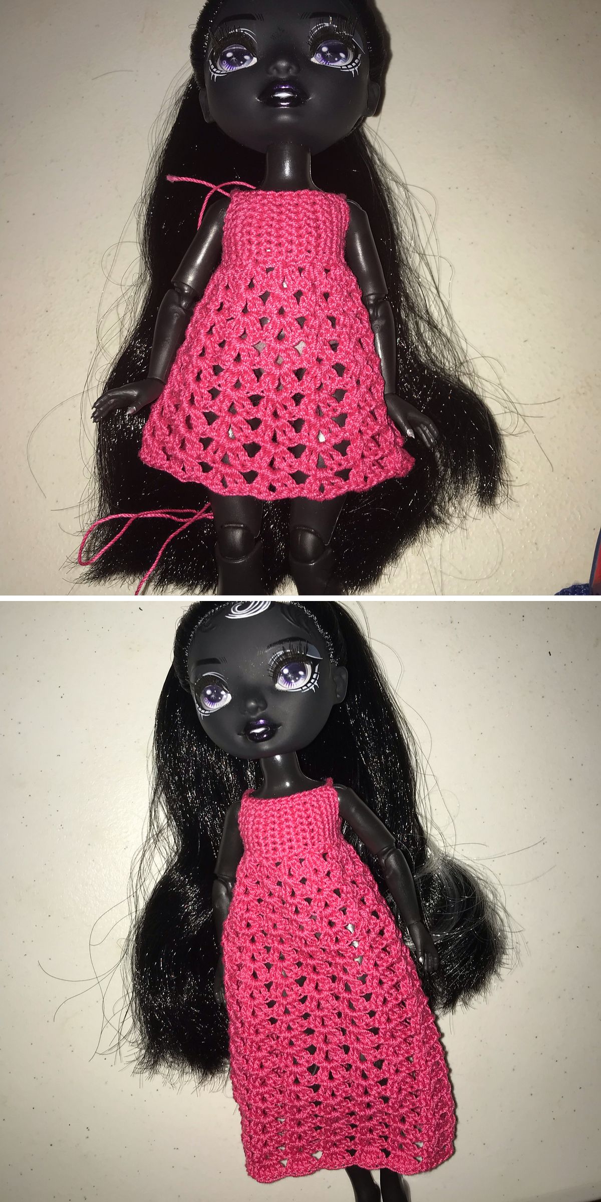 a pink crochet dress for dolls