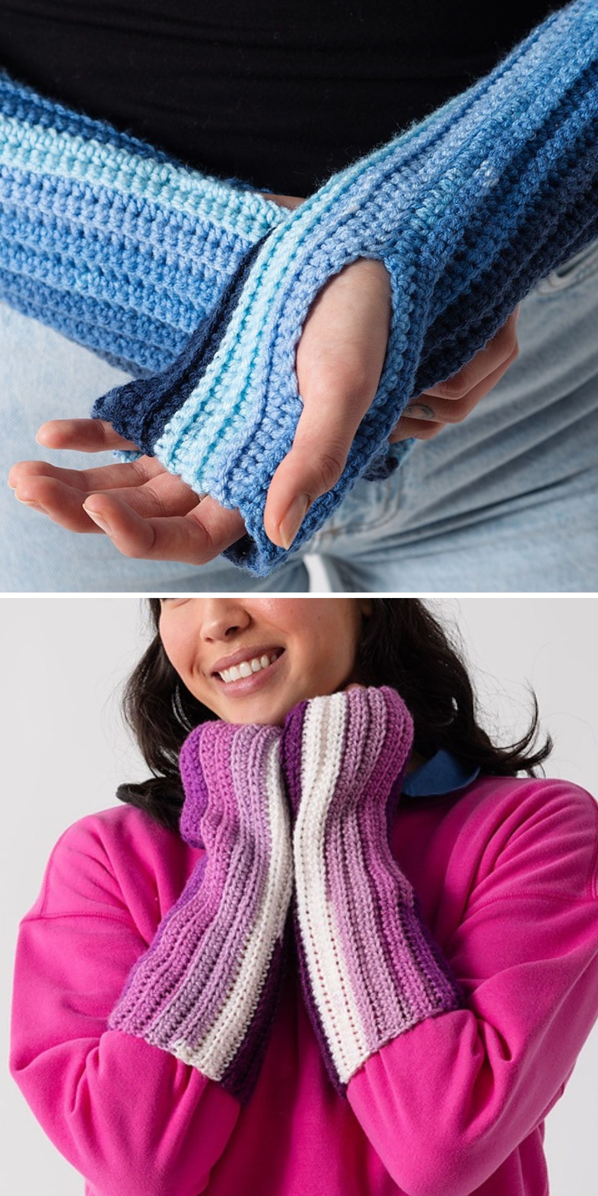 long crochet fingerless gloves with a ribbed texture