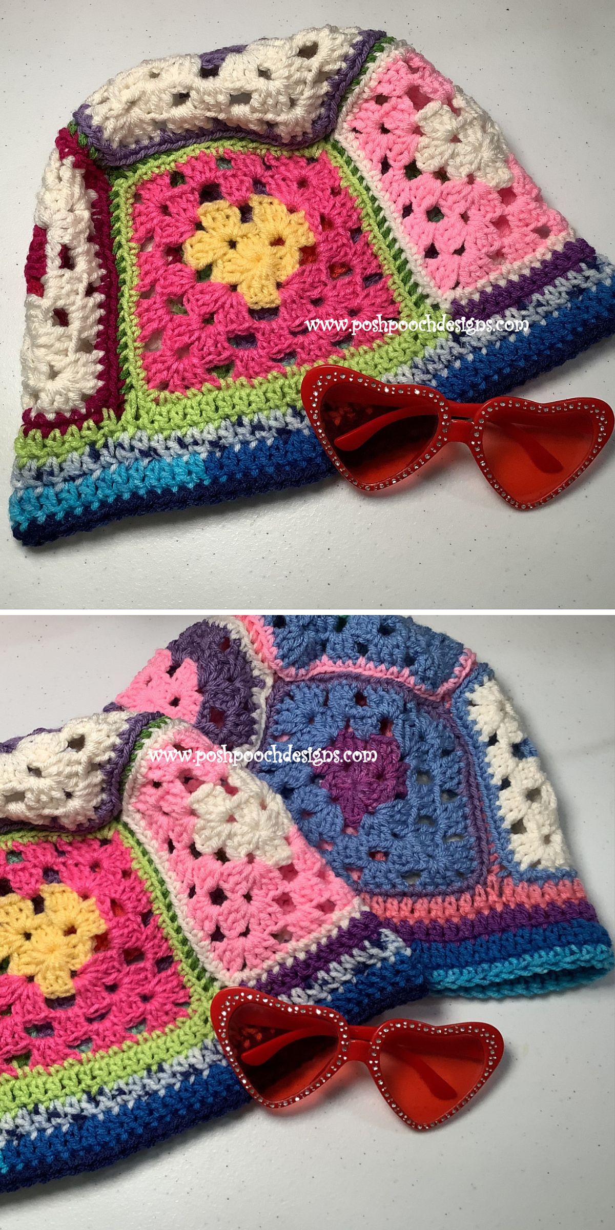 a crochet bucket hat made of colorful granny squares