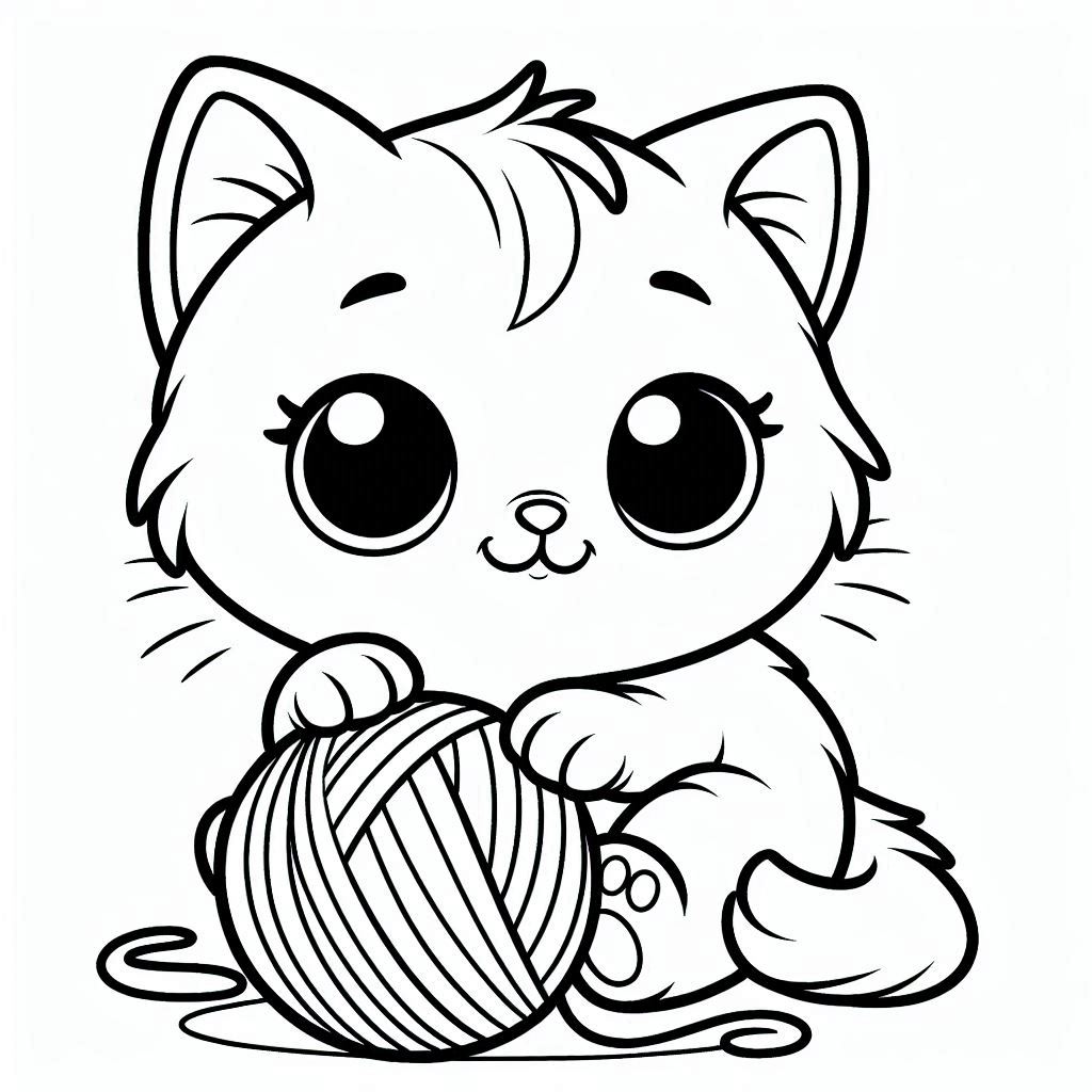 Cute cartoon kitten smiling while playing with a large ball of yarn — simple cat coloring page for toddlers