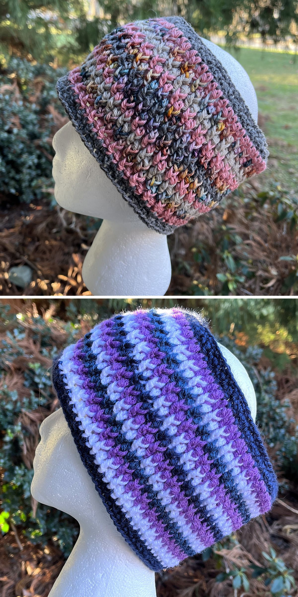 a colorful crochet headband on a mannequin