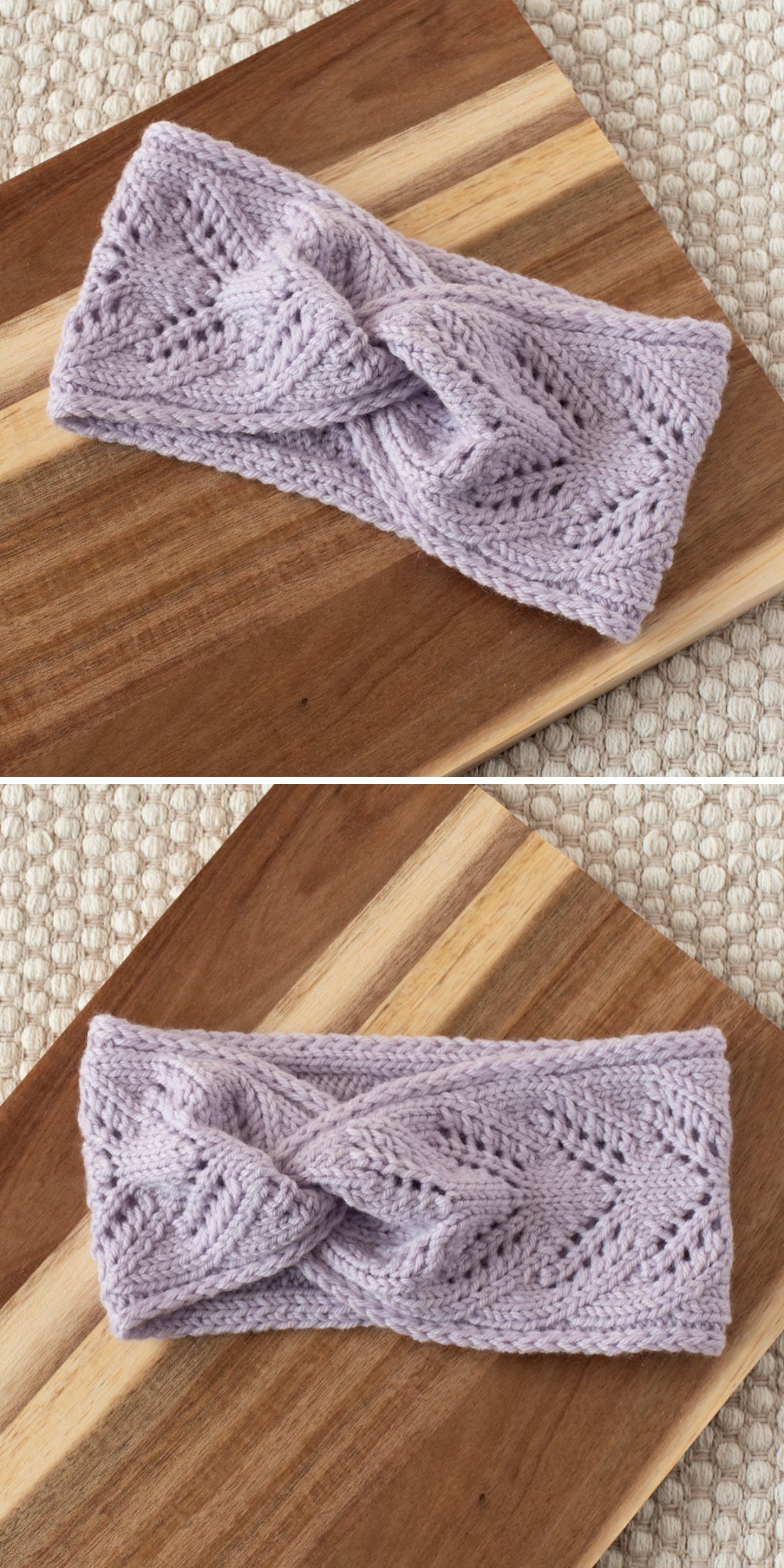 a lavender knit headband with a stylish cable design and front twist