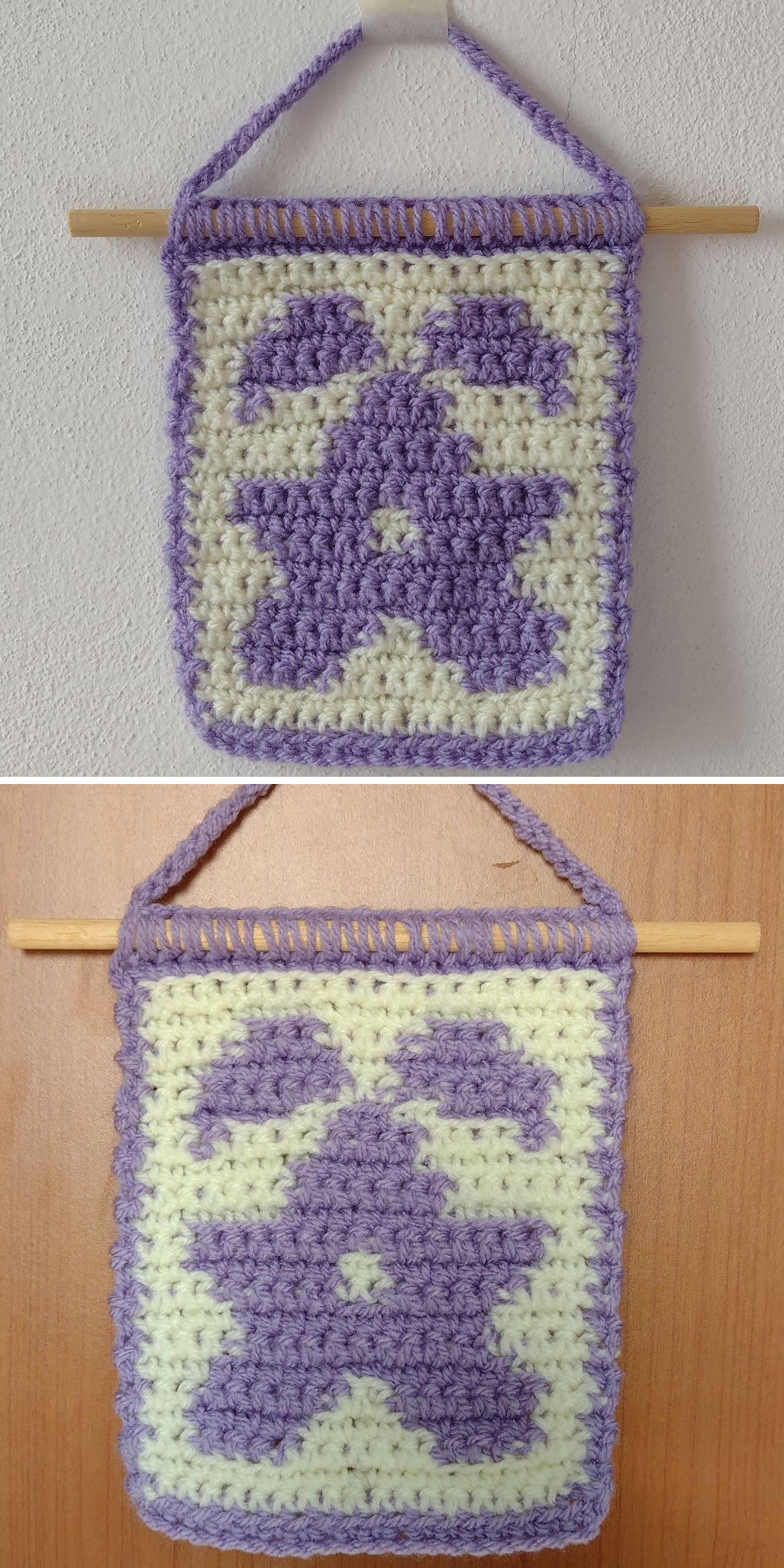 a crochet wall hanging with a violet flower motif on a white background 