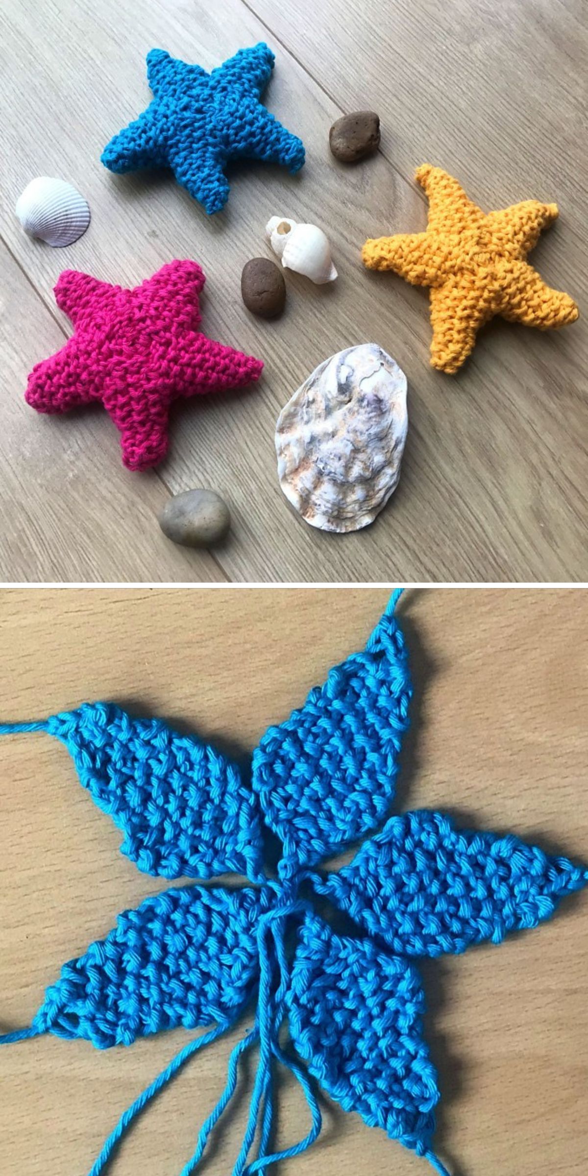 three knitted starfish appliques in blue, pink and yellow