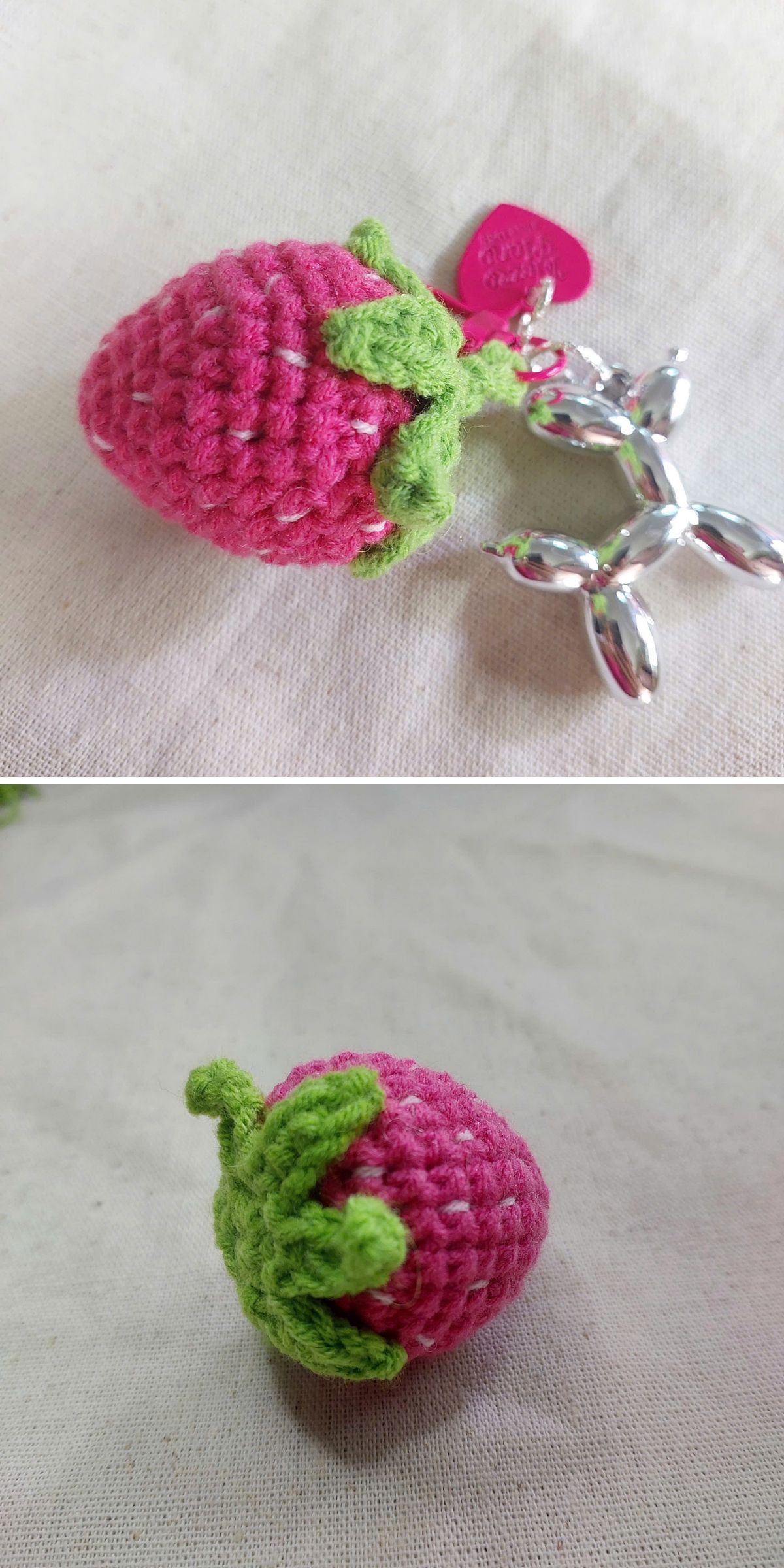 a small pink crochet strawberry 