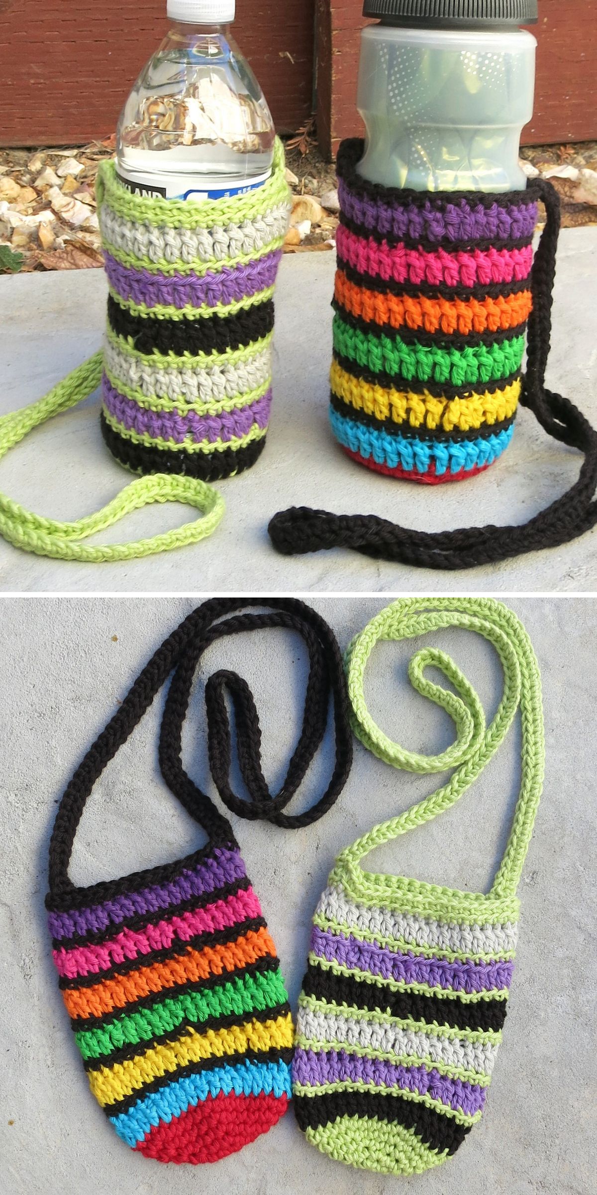 two crochet bottle cozies with colorful stripes