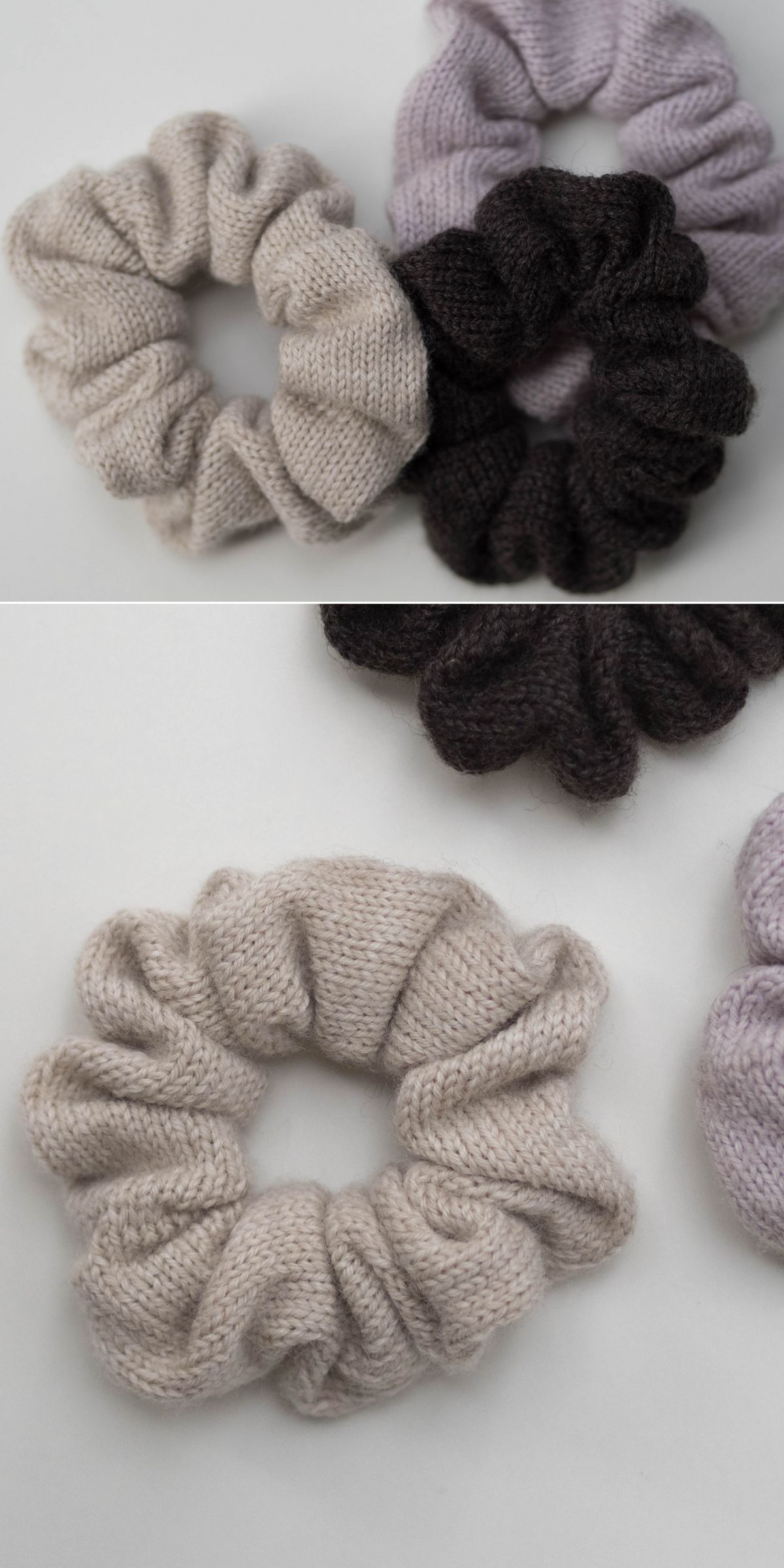 three squishy knit scrunchies in neutral colors