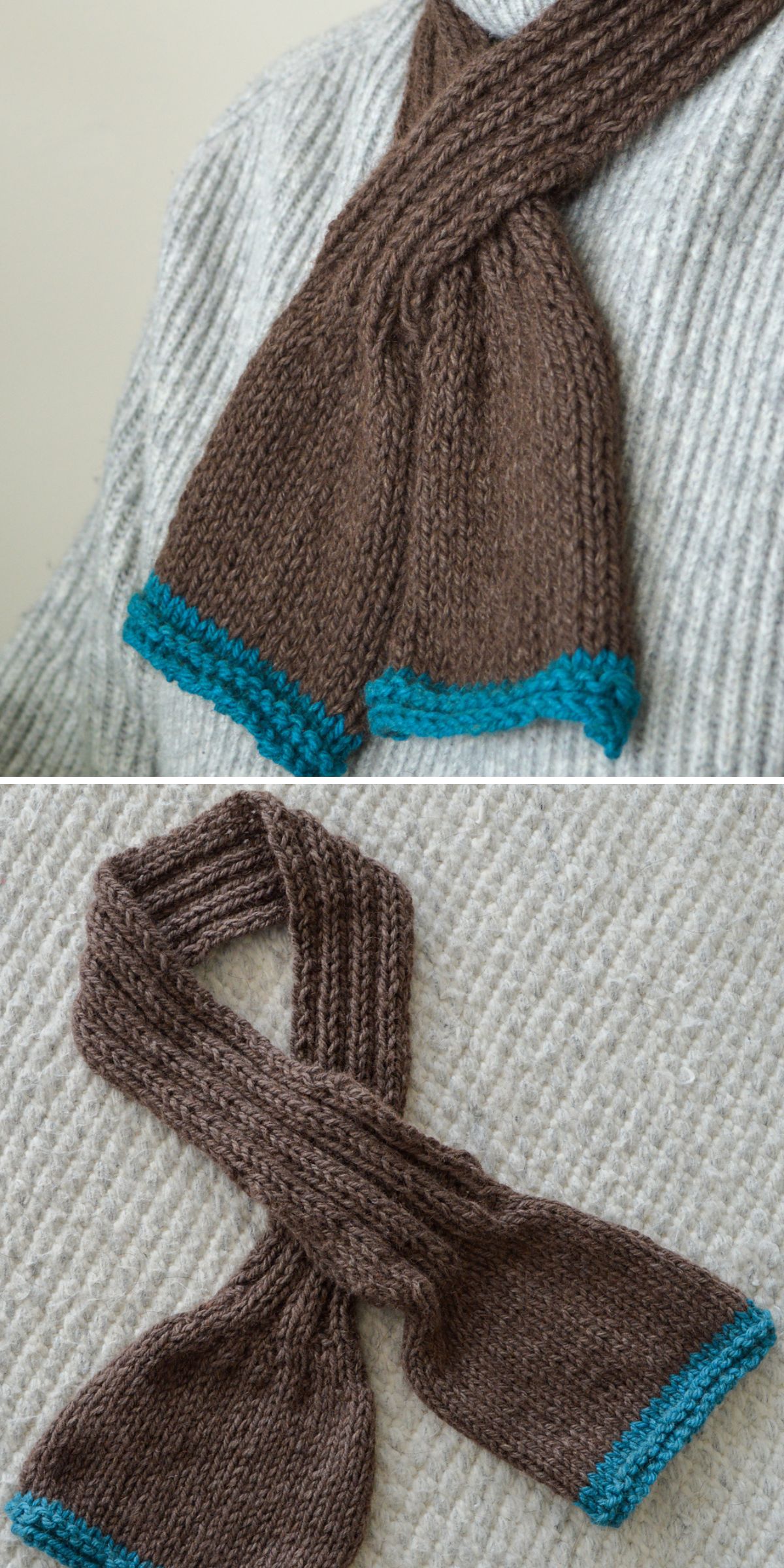 a brown knitted scarf with wide ends and a narrowed center 