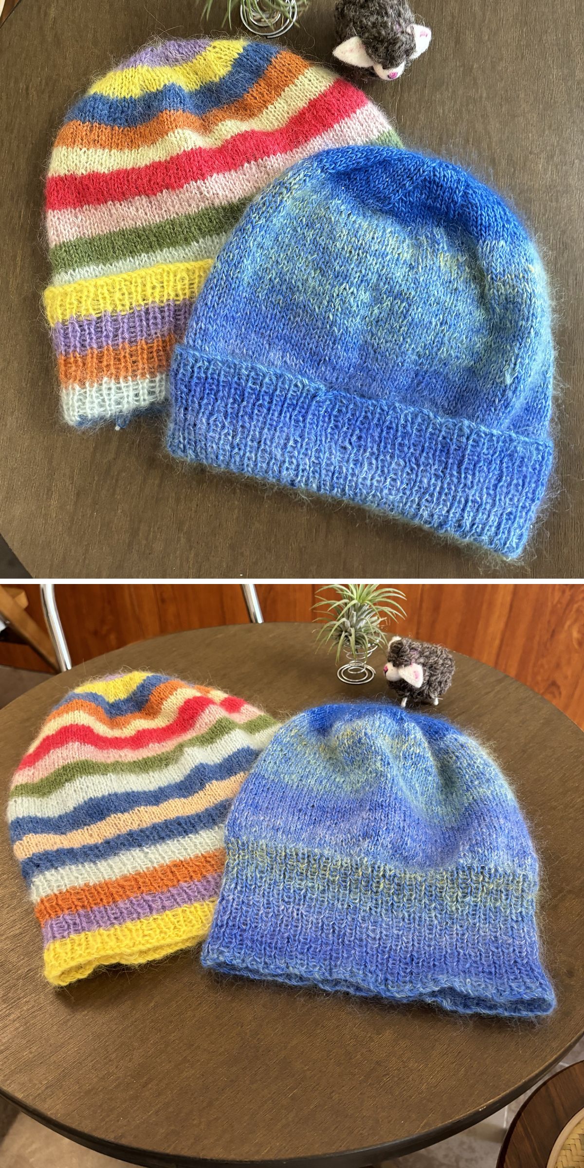 knitted beanies with a wide brim, one in a colorful striped design and the other one in a blue ombre palette