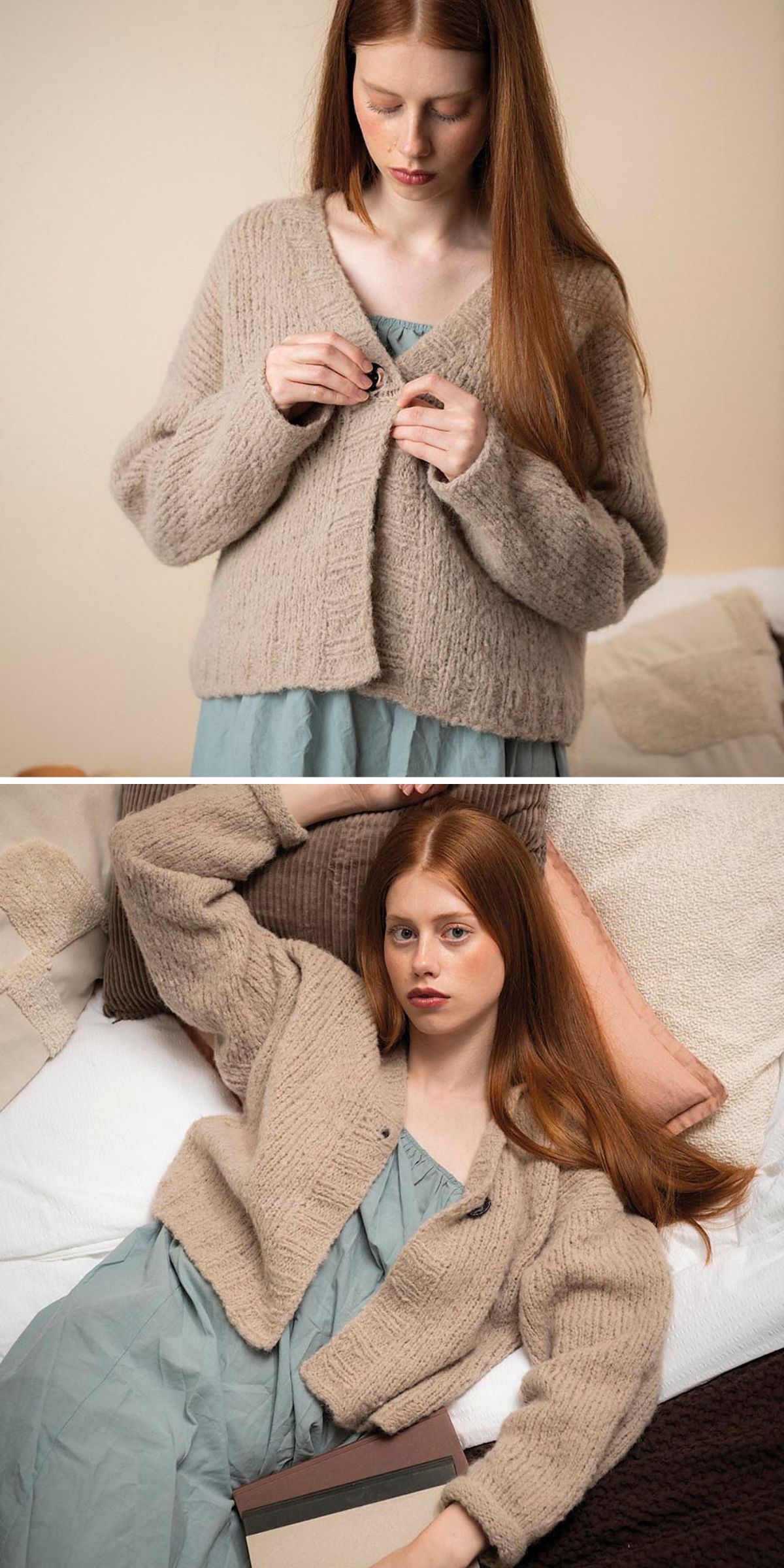 a woman wearing a modern knit cardigan with buttons