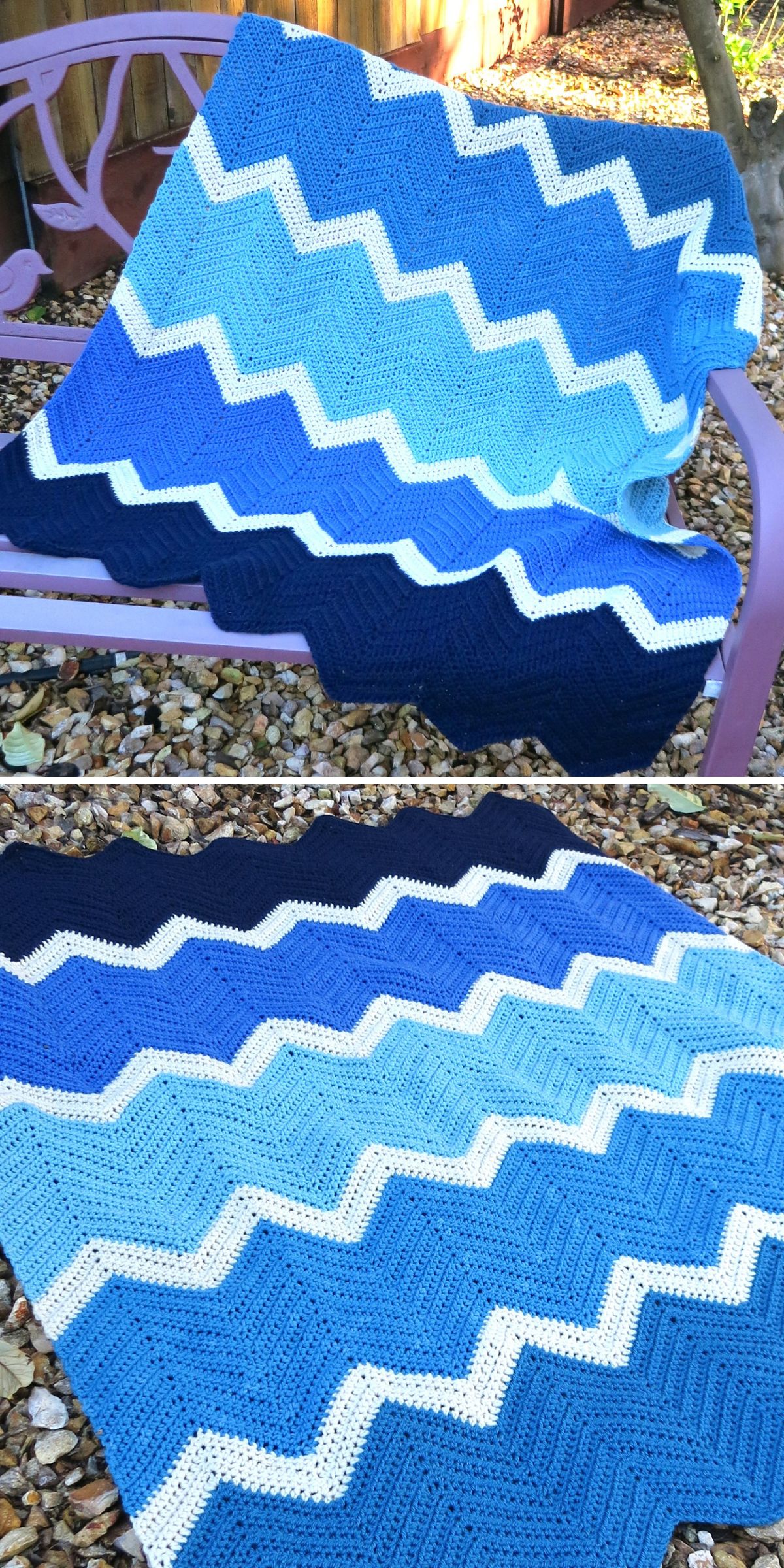 a blue-themed crochet chevron blanket